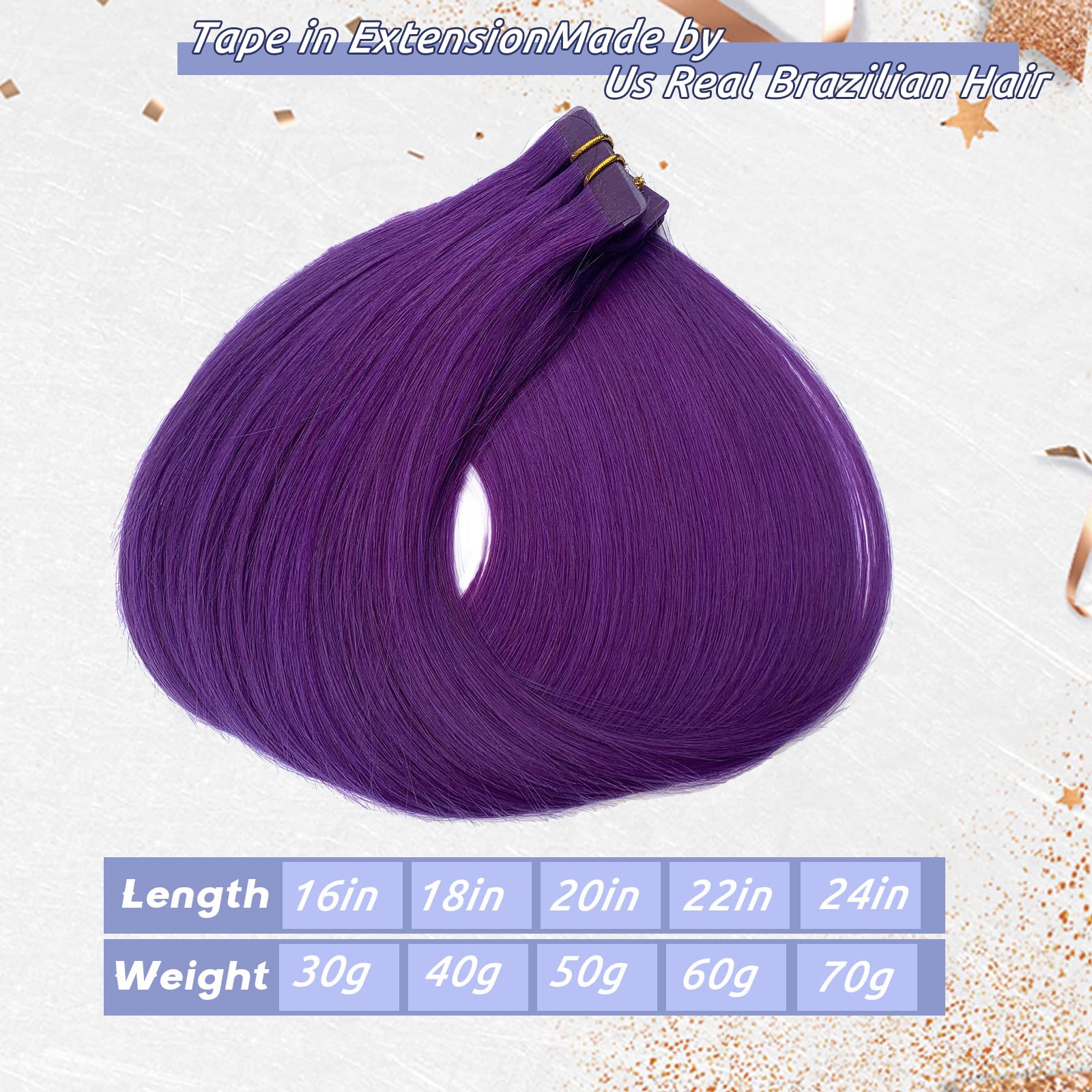 Smavida 20inch Tape in Hair Extensions - 100% Human Remy Hair, Soft Straight Seamless Skin Weft, Purple Highlights (20pcs, 50g/pack) - Perfect for Parties, Weddings & Daily Styling