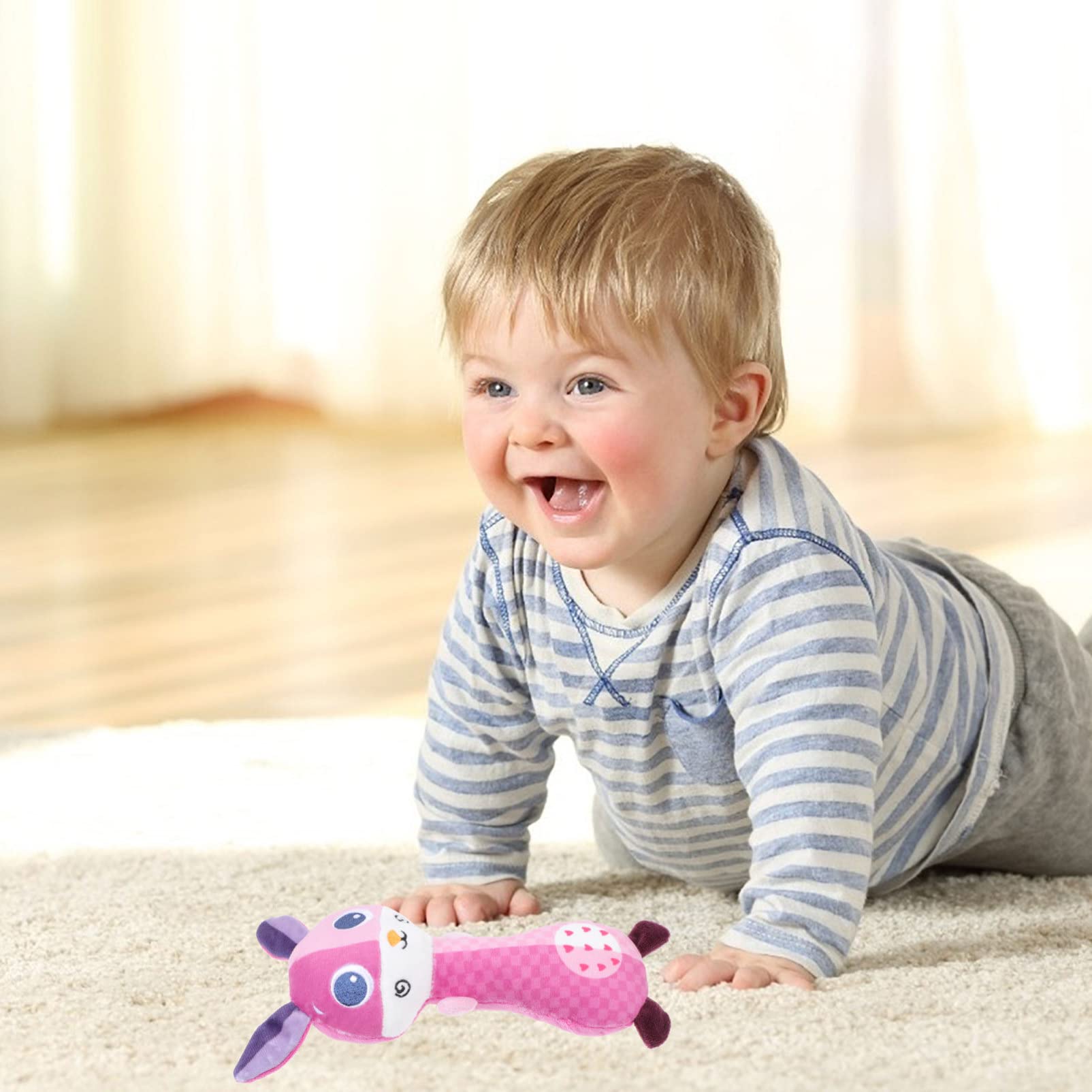 HEMOTON 3-Piece Baby Rattle Toy Set - Soft Plush Handheld Stick Cars with PP Cotton, Pink Cartoon Rattles for Newborns & Infants | Perfect for Sensory Play, Teething Relief & Early Learning Development