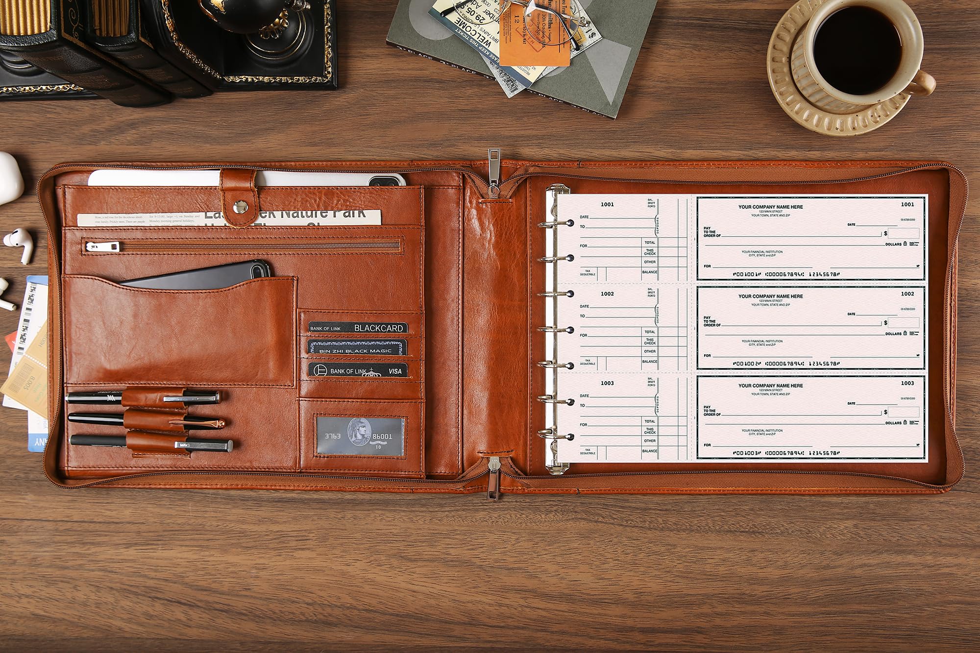 Custom Engraved Leather Business Checkbook Holder - 7-Ring Binder for 3 Checks Per Page, 600 Checks Capacity (9x13 Inch Sheets) - Oil Brown - Perfect for Accountants, Small Business Owners & Financial Professionals