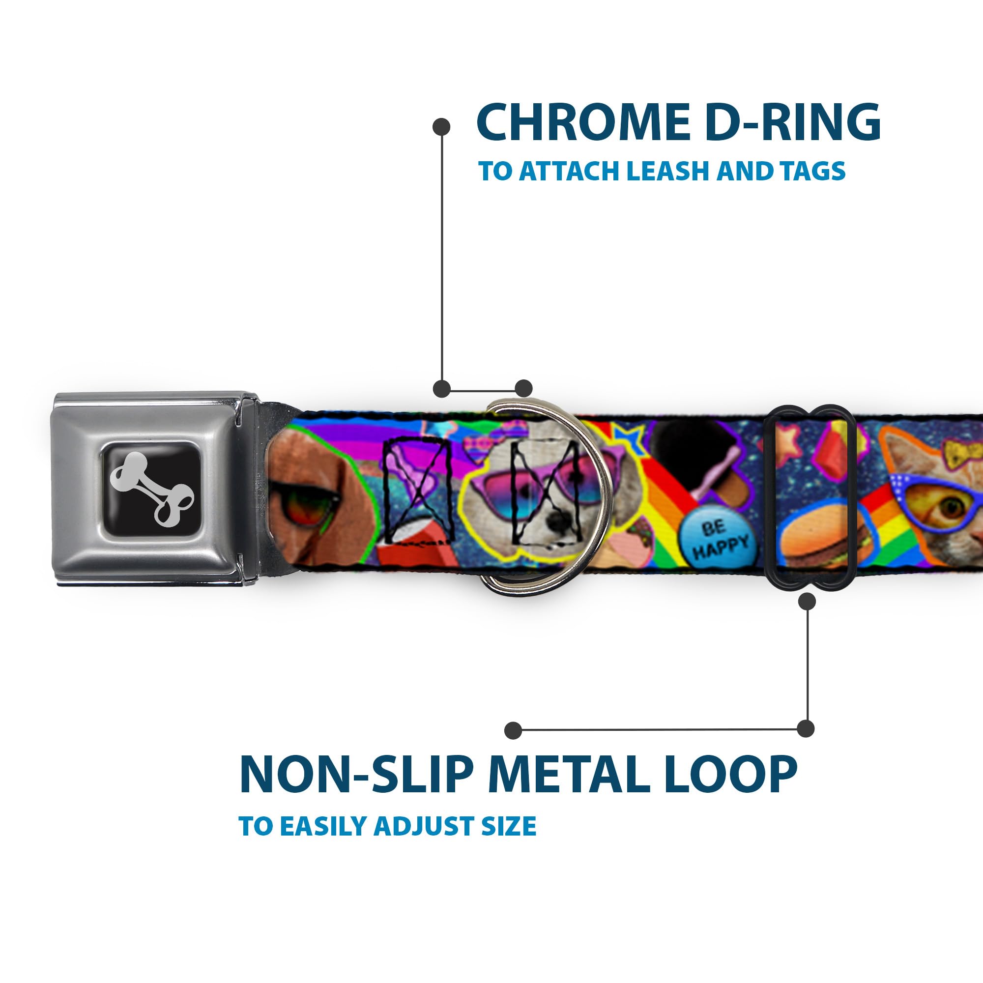 Buckle-Down Seatbelt Buckle Dog Collar - Rainbow Collage Design - 1.5