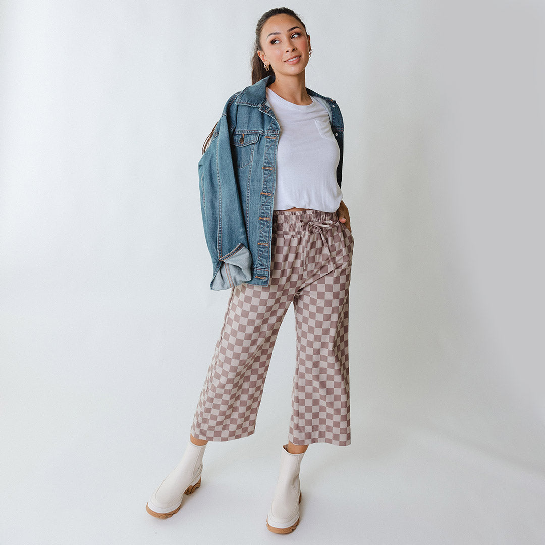 Audrey Wide Leg Pants for Women - Brown Checkered High Waist Trousers | Comfortable Office & Casual Wear | Perfect for Work, Travel & Everyday Outfits