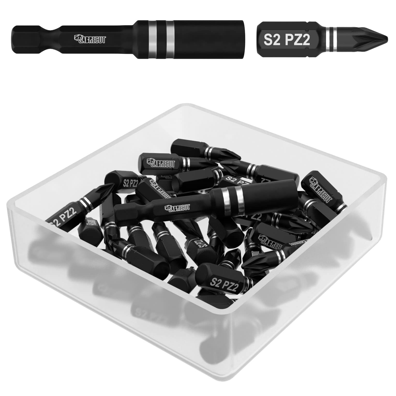 SabreCut SCPA25_41 41-Piece Impact Screwdriver Bit Set - 25mm PZ2 Pozidriv #2 Single-End Heavy Duty Bits with Bit Holder & Storage Case - Ideal for Construction, Automotive, and DIY Projects
