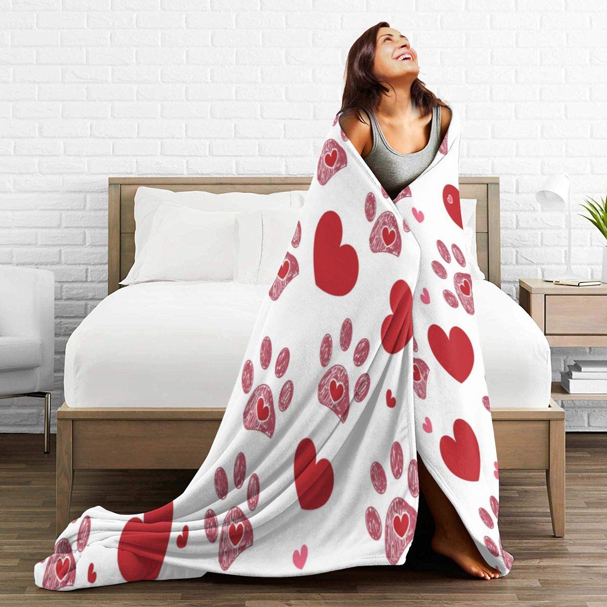 Valentine's Day Flannel Fleece Throw Blanket 50x60 - Dog Paw Print for Bedroom & Sofa - Cozy All-Season Use