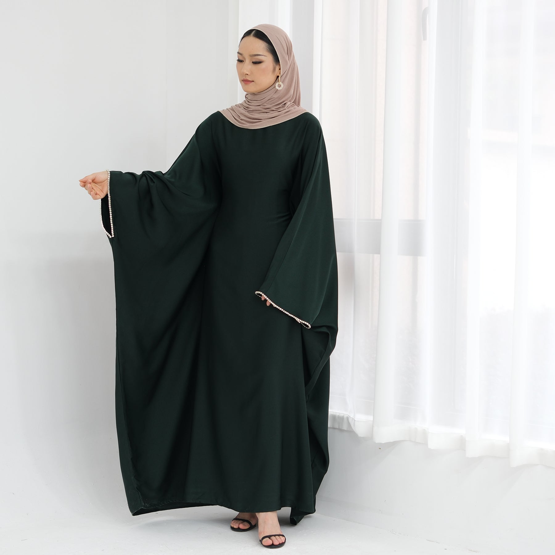 Davina Butterfly Satin Abaya Emerald Green - Elegant Muslim Prayer Dress for Women | Perfect for Eid, Ramadan & Special Occasions