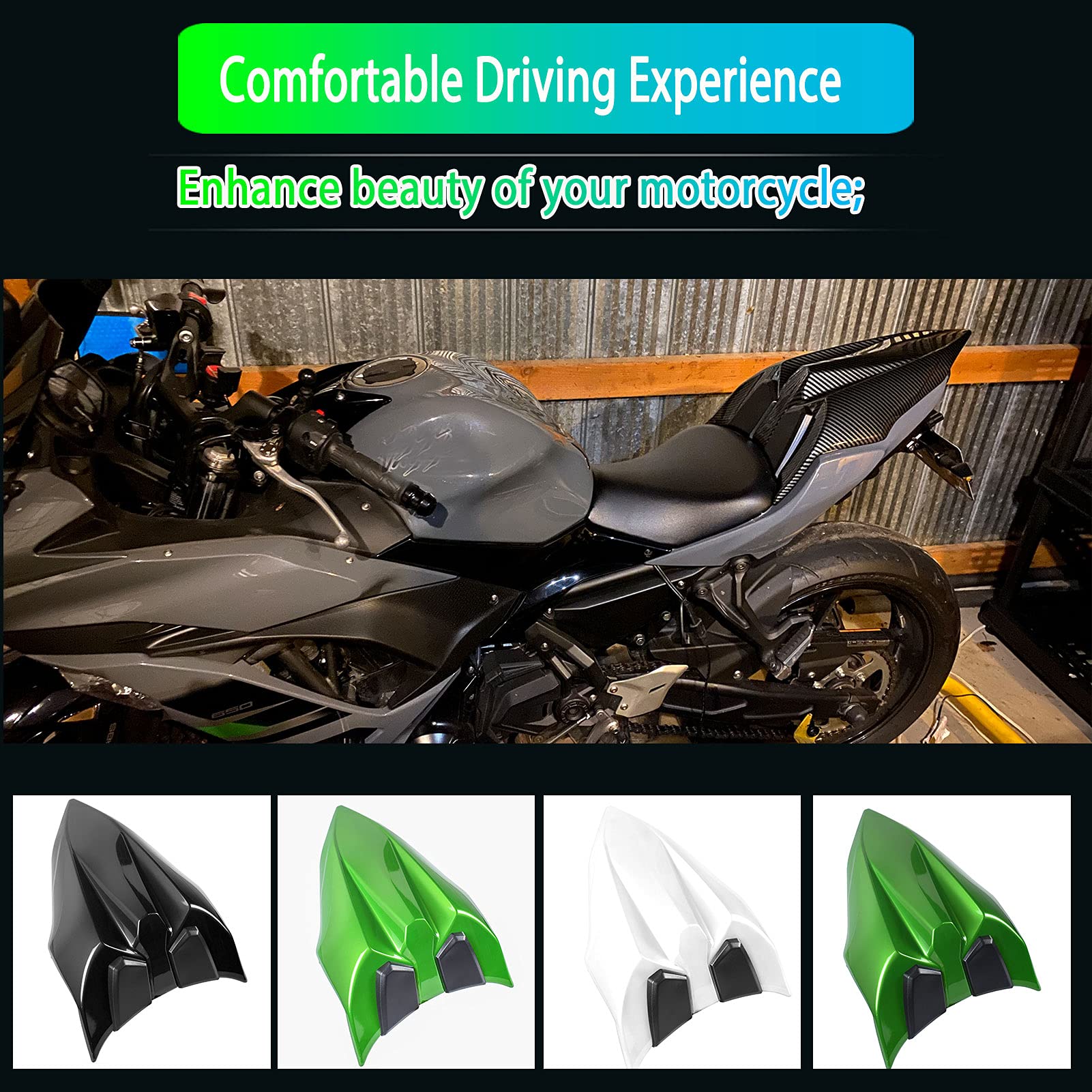 Kawasaki Z650 Ninja 650 Rear Seat Cowl Cover (2017-2024) - Black Motorcycle Passenger Pillion Tail Fairing Accessory | Perfect for Solo Riding & Bike Customization