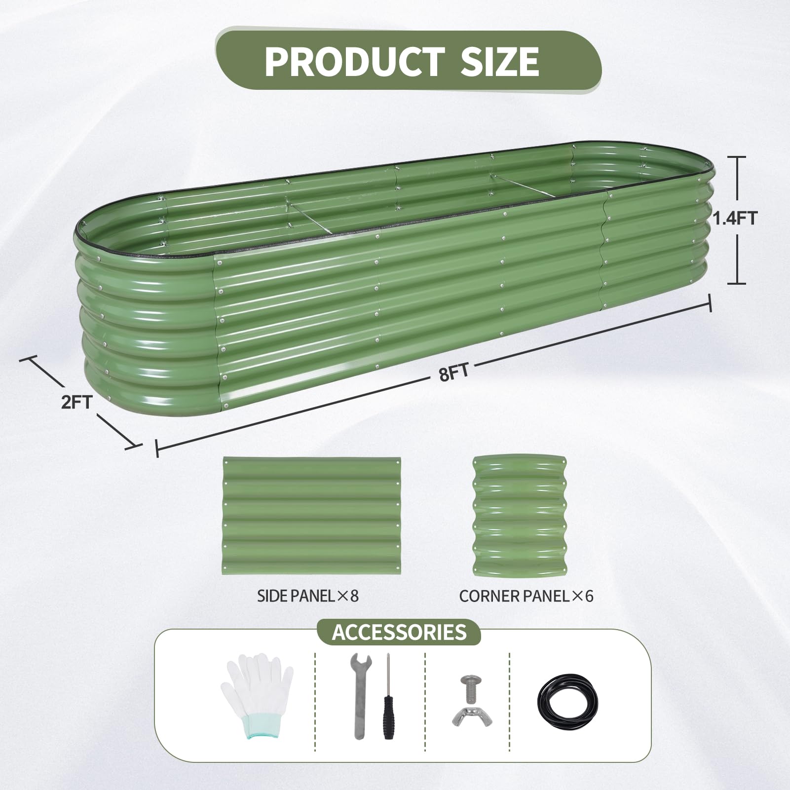 Galvanized Steel Raised Garden Bed Kit 8x2x1.4FT - Oval Metal Planter Box for Outdoor Gardening with Protective Tape, Bracing Rods & Gloves - Perfect for Vegetables, Flowers, Herbs (Green) | Durable Backyard, Patio & Urban Gardening Solution
