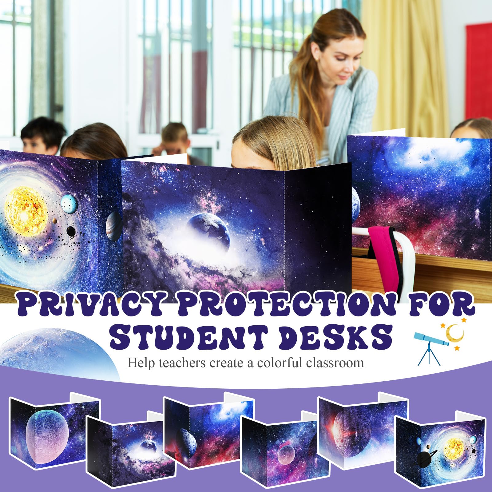 SATINIOR 12-Pack Classroom Privacy Folders & Desk Dividers - Bulk Privacy Boards for Students & Teachers (12 Styles, Starry Sky Design) - Perfect for Testing, Study Sessions & Focused Learning Environments