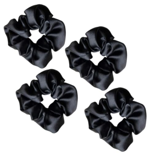 Black Satin Silk Scrunchies for Women & Girls - Soft & Luxurious Hair Ties for Thick Hair (Pack of 4) - Perfect for Daily Use, Work, School, and Special Occasions