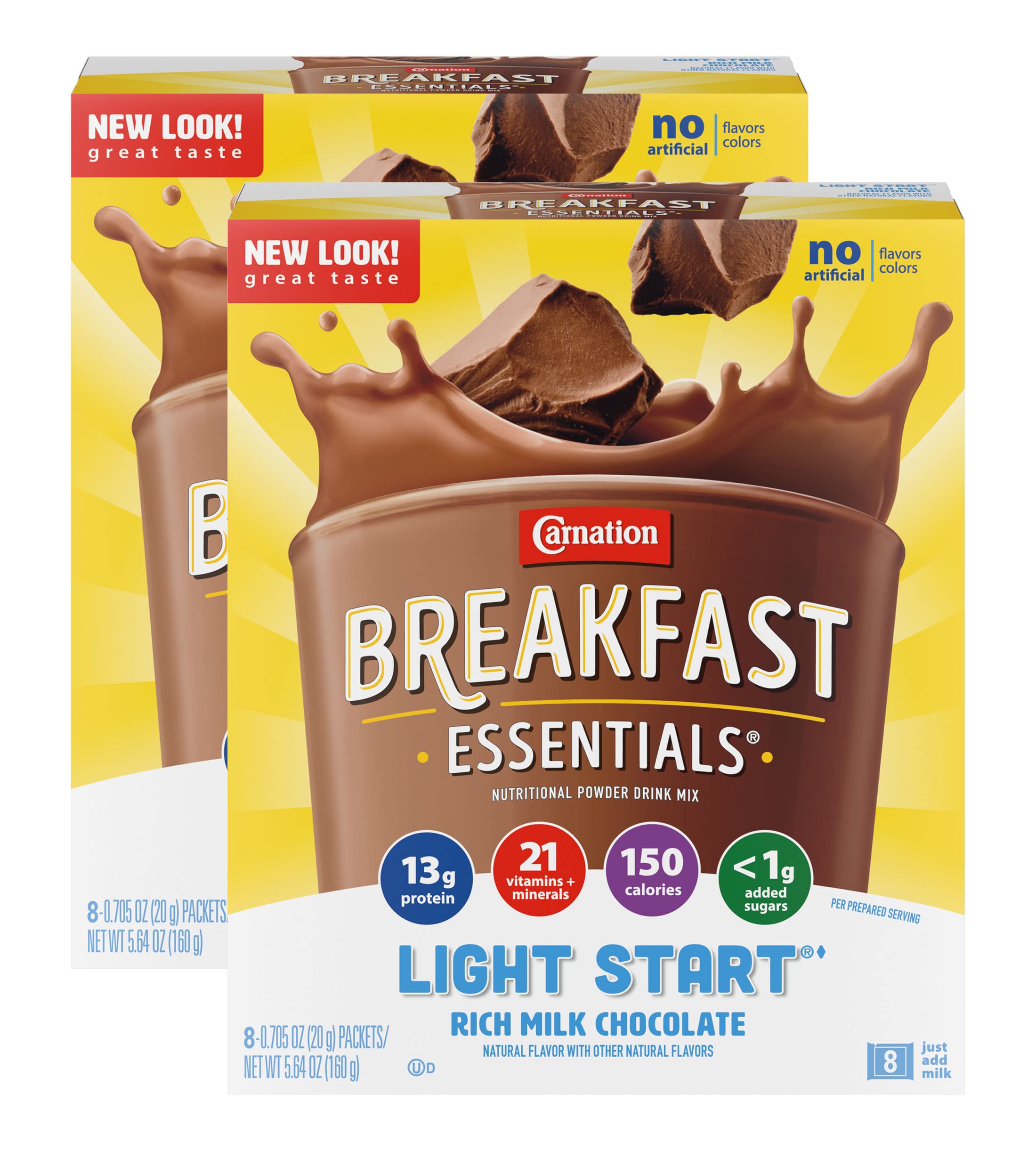 Carnation Breakfast Essentials Light Start Powder Drink Mix - Rich Milk Chocolate Flavor, 7.05 oz (8 Count, Pack of 2) | Quick & Nutritious Breakfast Solution for Busy Mornings, Post-Workout Recovery & On-the-Go Nutrition