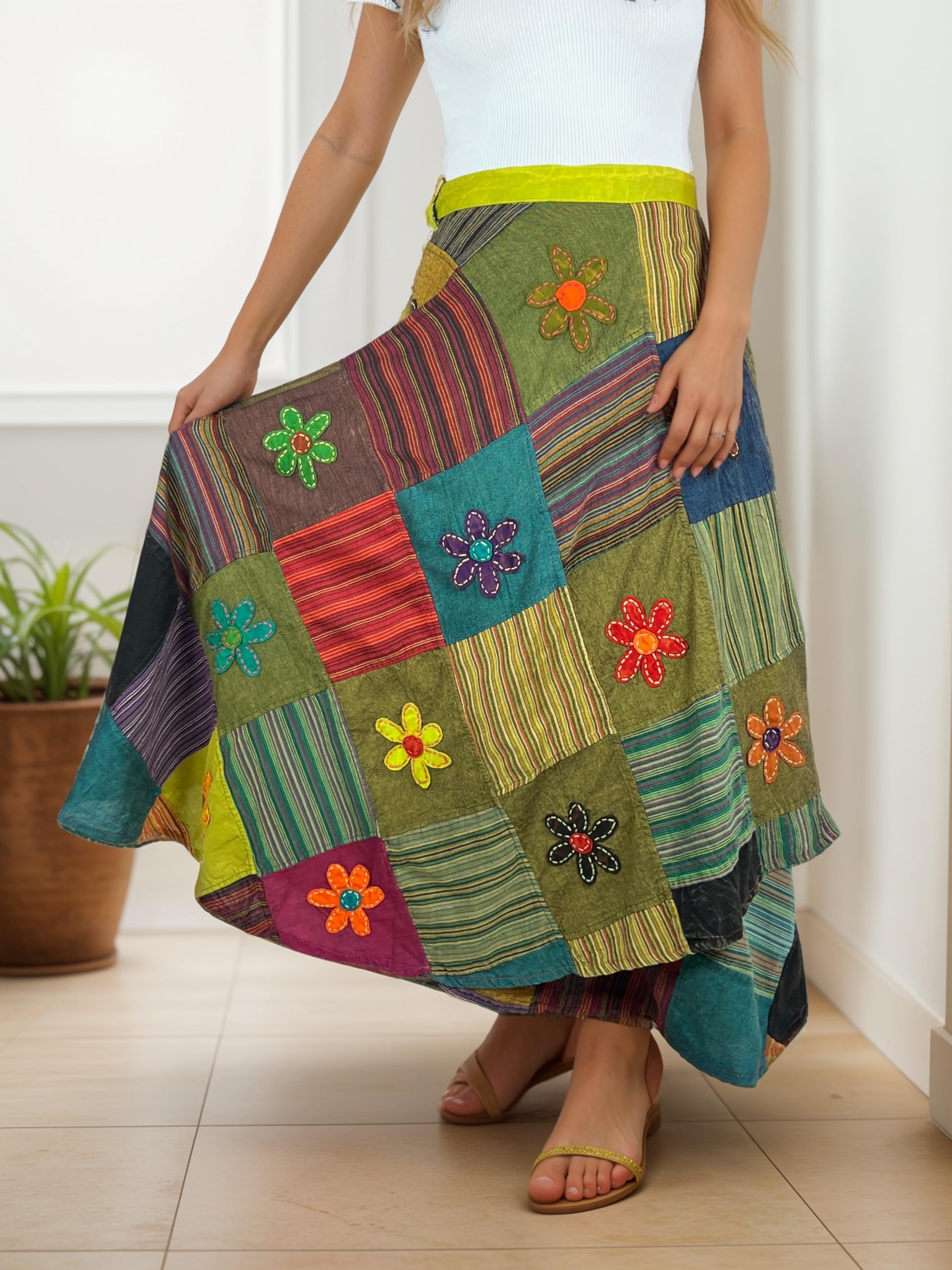 2025 Women's Boho Maxi Skirt - High Waisted Long Bohemian Wrap Skirt with Patched Tie Up for Spring & Fall | Perfect for Beach Vacations, Music Festivals & Casual Outings