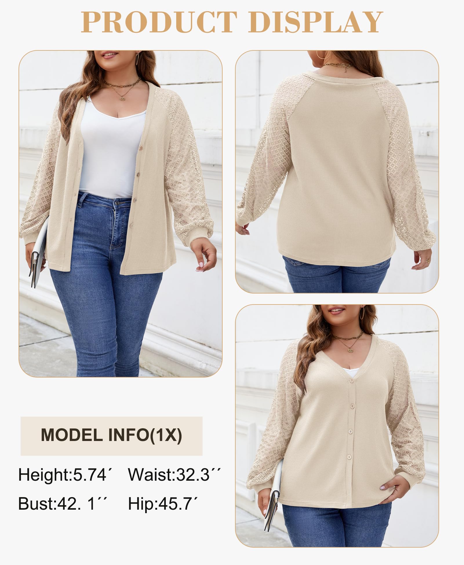 Plus Size Women's Lace Long Sleeve Button Down Cardigan - Soft Lightweight Waffle Knit Sweater for Casual Wear, Office & Fall Layering