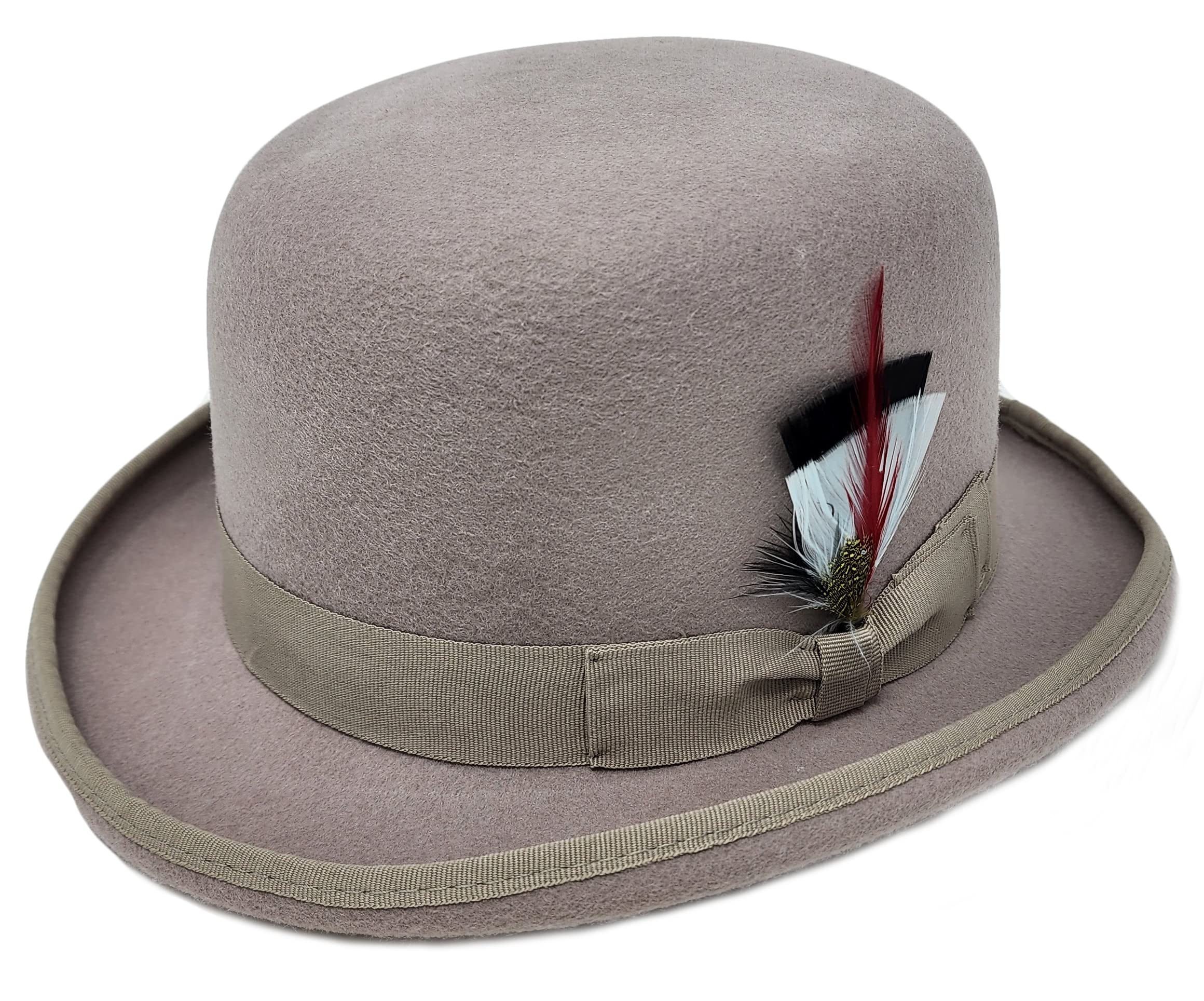 100% Wool Felt Derby Bowler Hat for Men with Removable Feather - Classic Vintage Fedora Style - Perfect for Formal Events, Weddings & Everyday Fashion