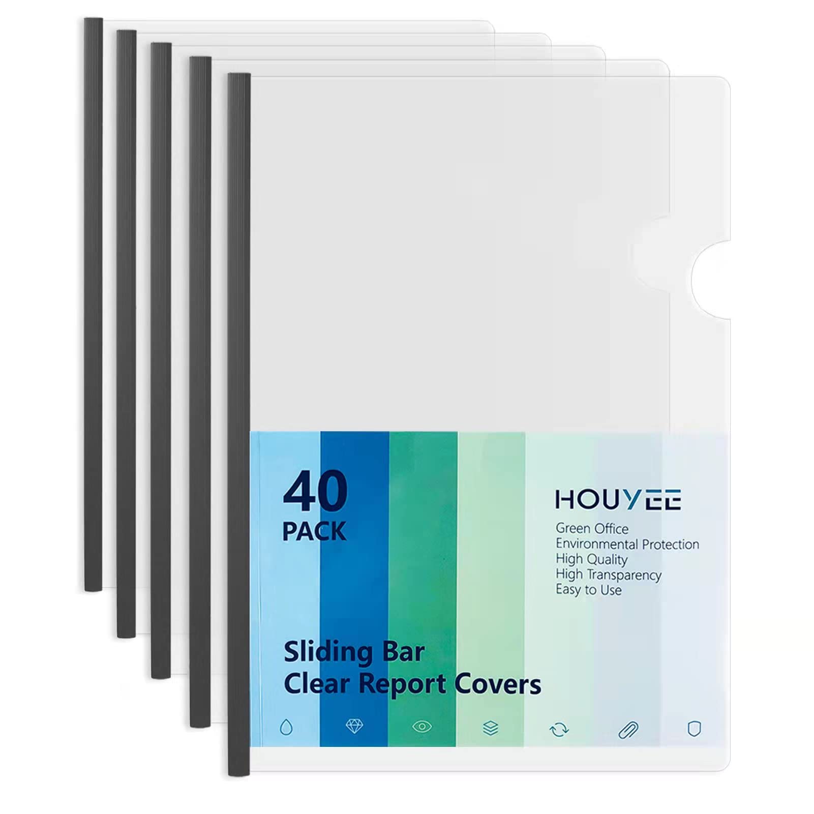 HOUYEE 40 Pack Clear Sliding Bar Report Covers - 20 Sheet Capacity, Letter Size Paper Protectors, Durable Plastic Document Holders for School, Office & Presentations | Perfect for Reports, Projects & Organization