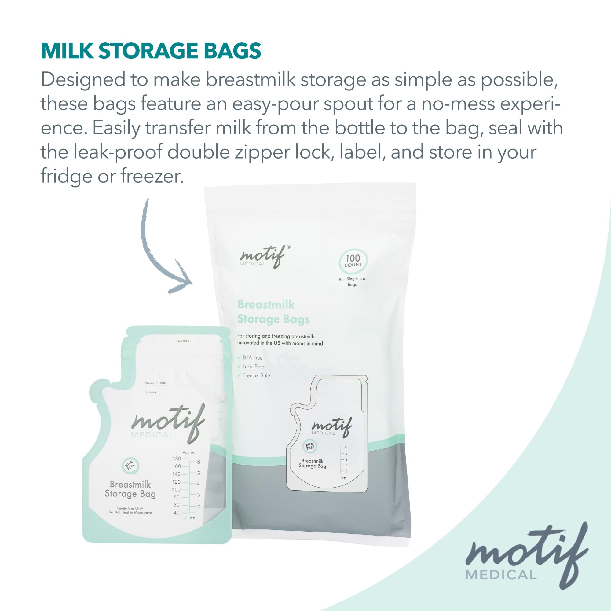 Motif Medical Breast Milk Storage Bags - 300 Count BPA-Free Freezer Safe Clear Bags for Breastfeeding Moms | Perfect for Pumping, Storing & Organizing Breast Milk