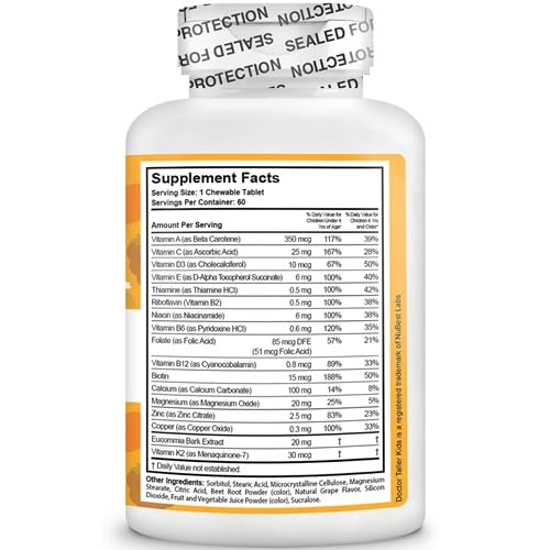NuBest Doctor Taller Kids Multivitamin Chewable Tablets - Immune Support & Bone Growth Vitamins for Toddlers & Children Ages 2-9 - Grape Flavor Vegan Gummies (60 Count, 1 Month Supply) - Perfect for Daily Health & Active Kids Playtime