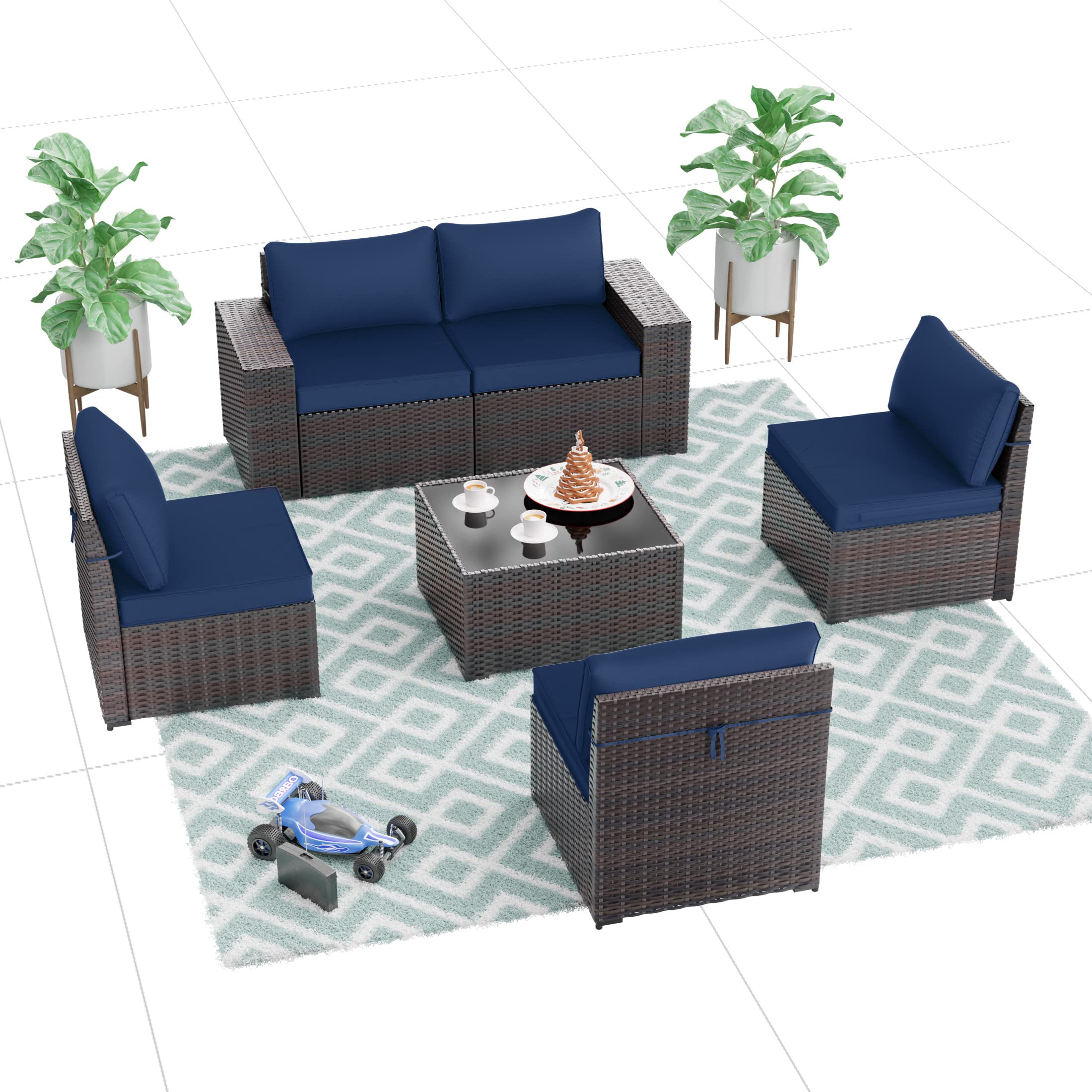 ALAULM 6-Piece Patio Furniture Set - All-Weather PE Rattan Wicker Outdoor Sectional Sofa with 5 Navy Blue Cushions & Coffee Table - Perfect for Backyard, Garden, Poolside & Deck Relaxation
