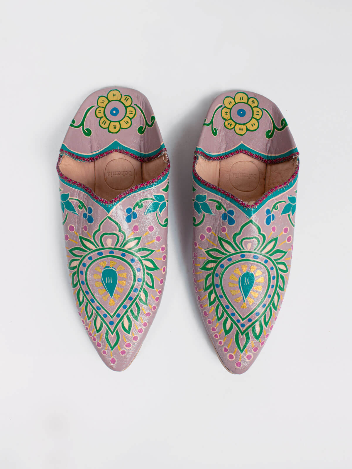 Hand Painted Leaf Moroccan Babouche Slippers - Soft Comfortable House Shoes for Women in Lilac | Perfect for Home, Lounge & Boho Chic Outfits