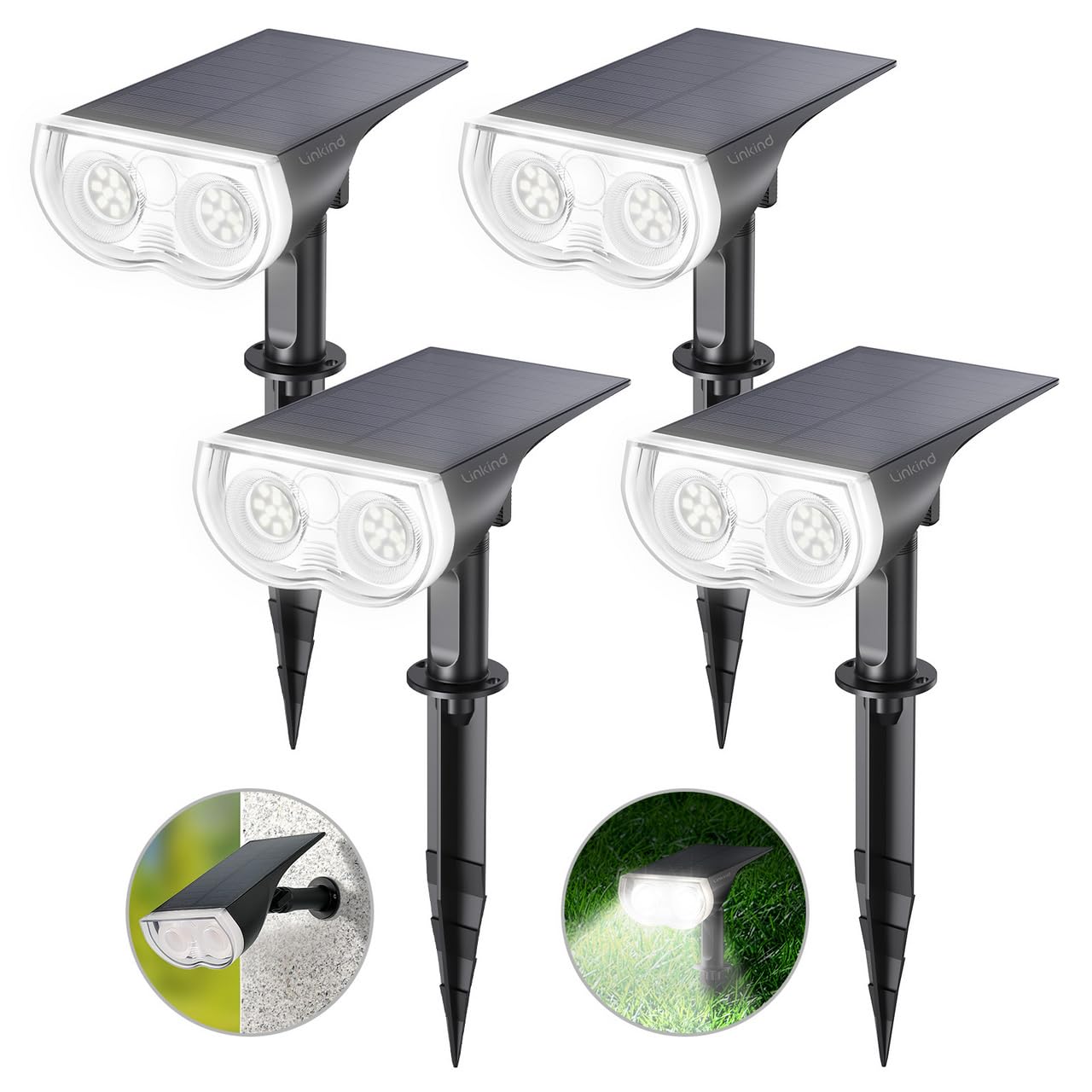 Linkind StarRay Solar Spot Lights Outdoor - 4 Pack IP67 Waterproof Landscape Lighting, 6500K Daylight Solar Powered Garden Lights with Dusk-to-Dawn Sensor | Perfect for Yard, Pathway, Deck & Patio Illumination