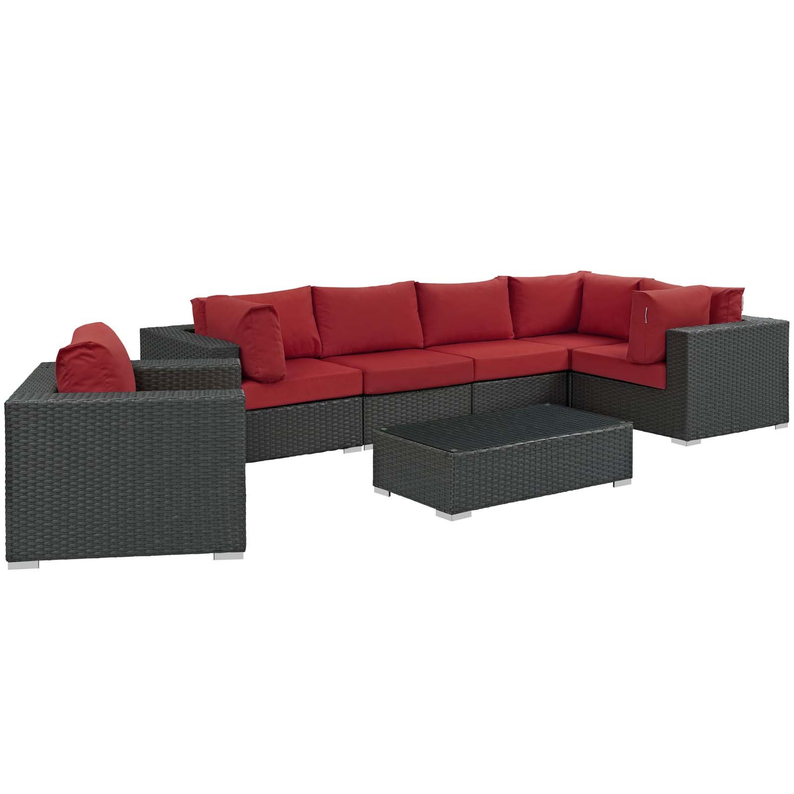 Modway Sojourn 7-Piece Wicker Rattan Outdoor Patio Sectional Set with Sunbrella Cushions in Canvas Red - Perfect for Backyard, Poolside & Garden Relaxation