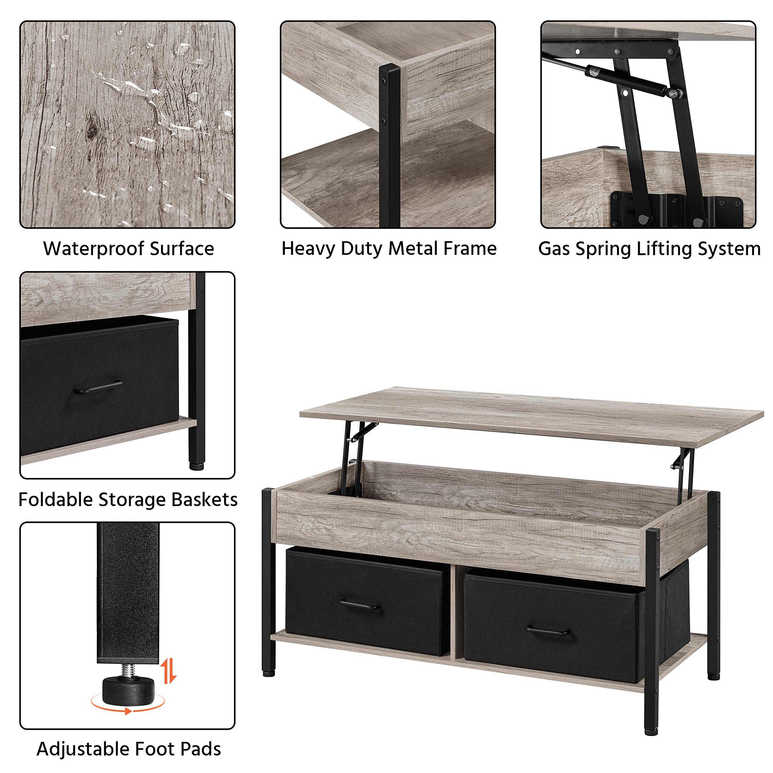 Yaheetech 3-Piece Coffee Table Set - Lift Top Coffee Table with Storage Baskets & Hidden Compartment, 2 Industrial End Tables with 2-Tier Shelves, Gray - Perfect for Living Room, Home Office & Small Spaces