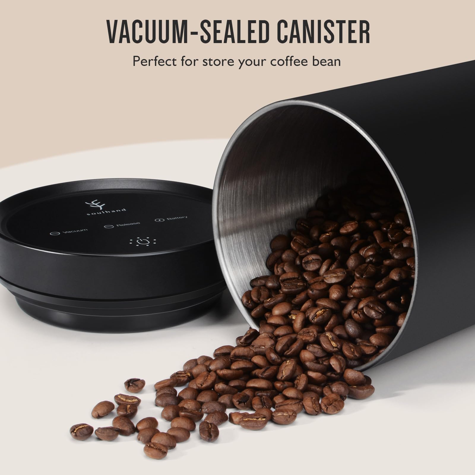 SOUL HAND 1.6L Automatic Vacuum Coffee Canister - Airtight Stainless Steel Coffee Storage Container for Beans & Grounds | Perfect for Kitchen Countertop & Coffee Station Organization