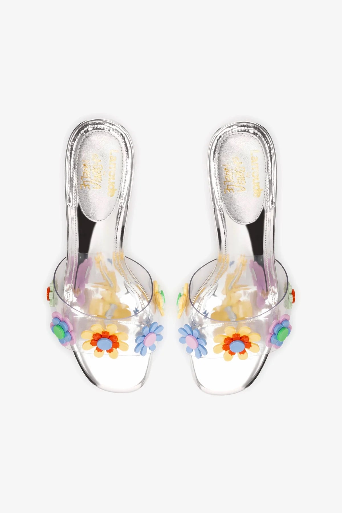 Larroudé x Gabriela Noelle Silver Specchio & Multicolor Acrylic Garden Mules - Women's Fashion Shoes for Spring Summer Outfits and Special Occasions