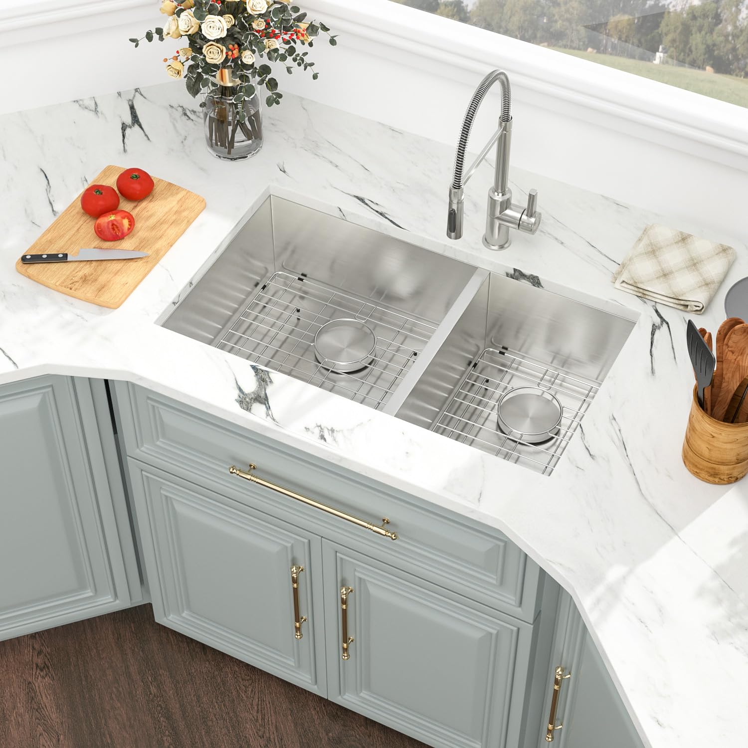 Kichae 33 Inch Undermount Double Bowl Stainless Steel Kitchen Sink - 60/40 Double Basin, 18 Gauge, 33x19 Inches - Perfect for Modern Kitchens, Food Prep, and Dishwashing