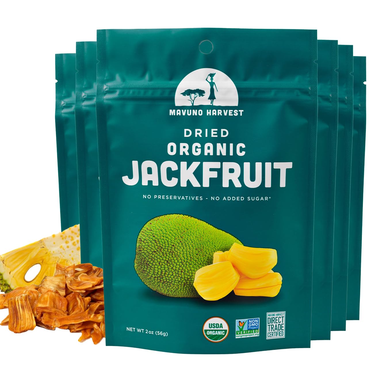 Organic Dried Jackfruit Chips by Mavuno Harvest | Unsweetened, Vegan, Gluten-Free, Non-GMO Healthy Snack | 2oz Pack of 6 | Perfect for On-the-Go, School Lunches & Office Snacking