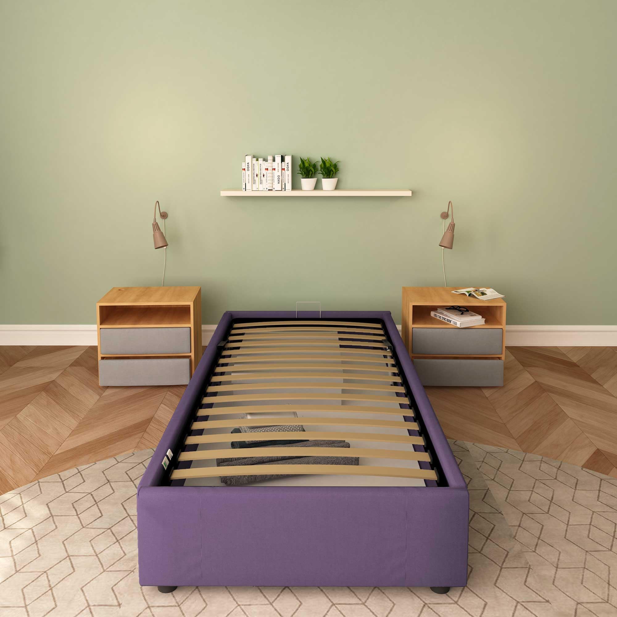 Baldiflex Cloe Square and Half Bed with Fabric Storage, No Headboard, Slatted Base for Mattresses, 100 x 200 cm, Purple - Perfect for Small Bedrooms, Guest Rooms, and Studio Apartments