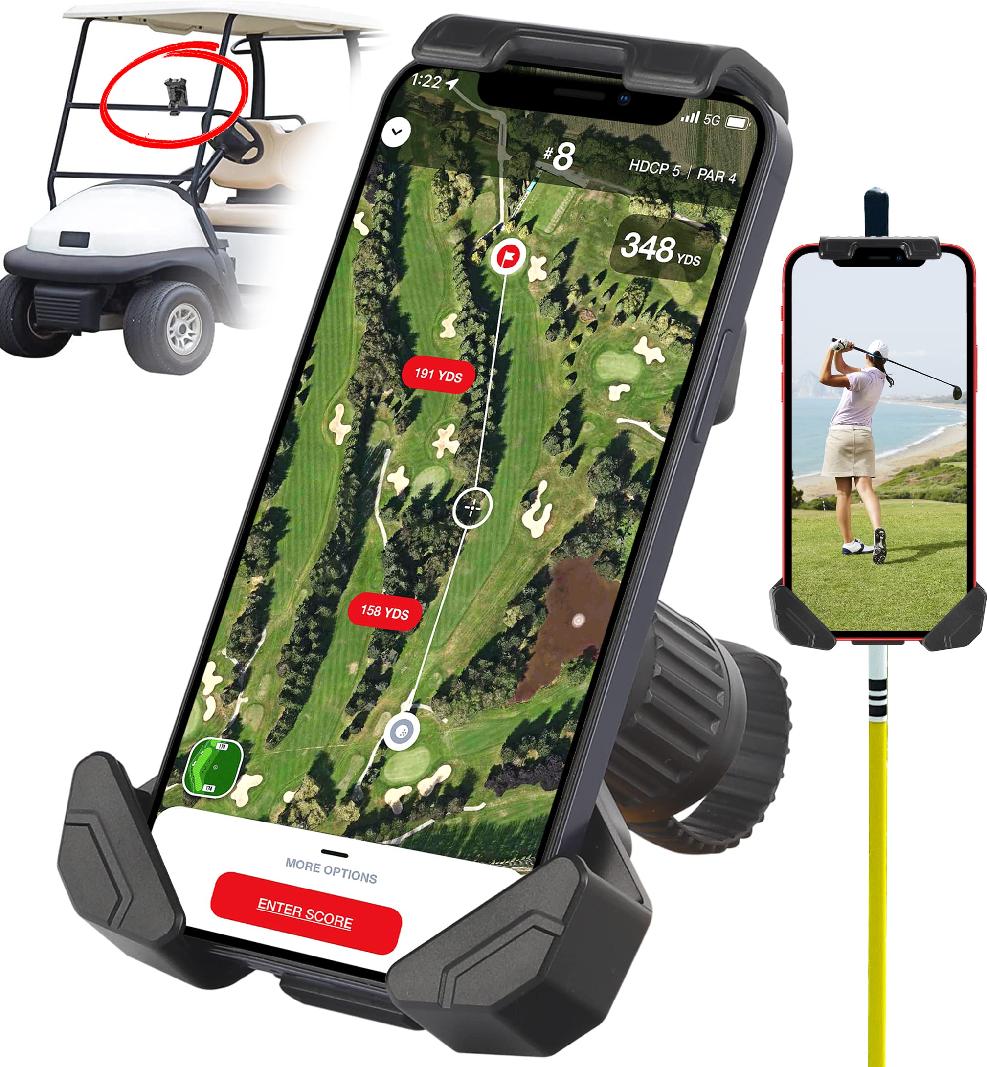 AlphaTailSupplies Golf Cart Phone Holder - Universal Mount for Golf Carts, Push Carts & Alignment Sticks | Secure Cell Phone Mount for Golfing, Biking, Boating & Strollers | Durable Hands-Free Device Holder for Outdoor Activities