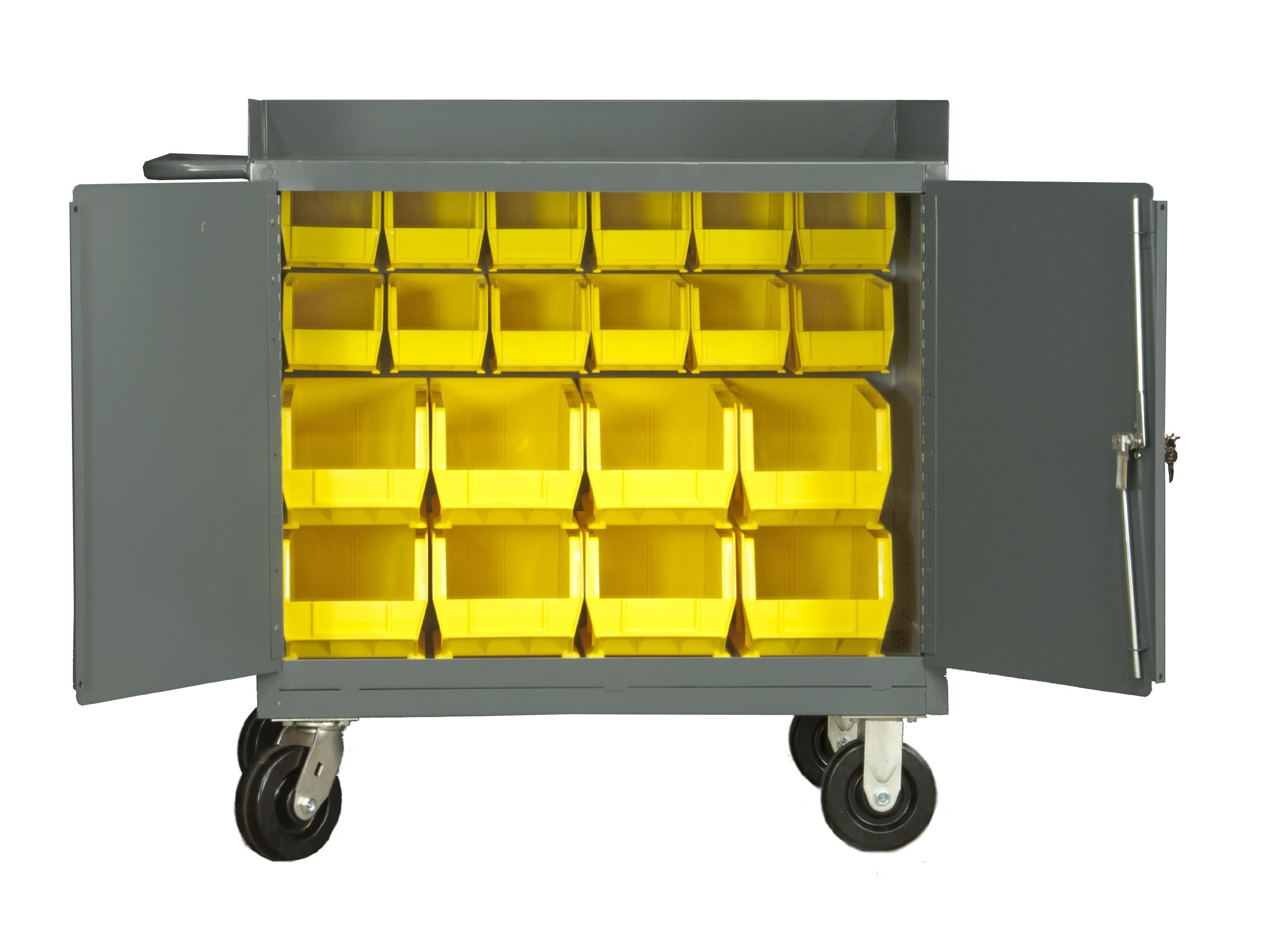 16 Gauge Welded Steel Mobile Workbench Cabinet with 20 Storage Bins - Durham 3100-BLP-20-95 for Garage, Workshop & Industrial Organization