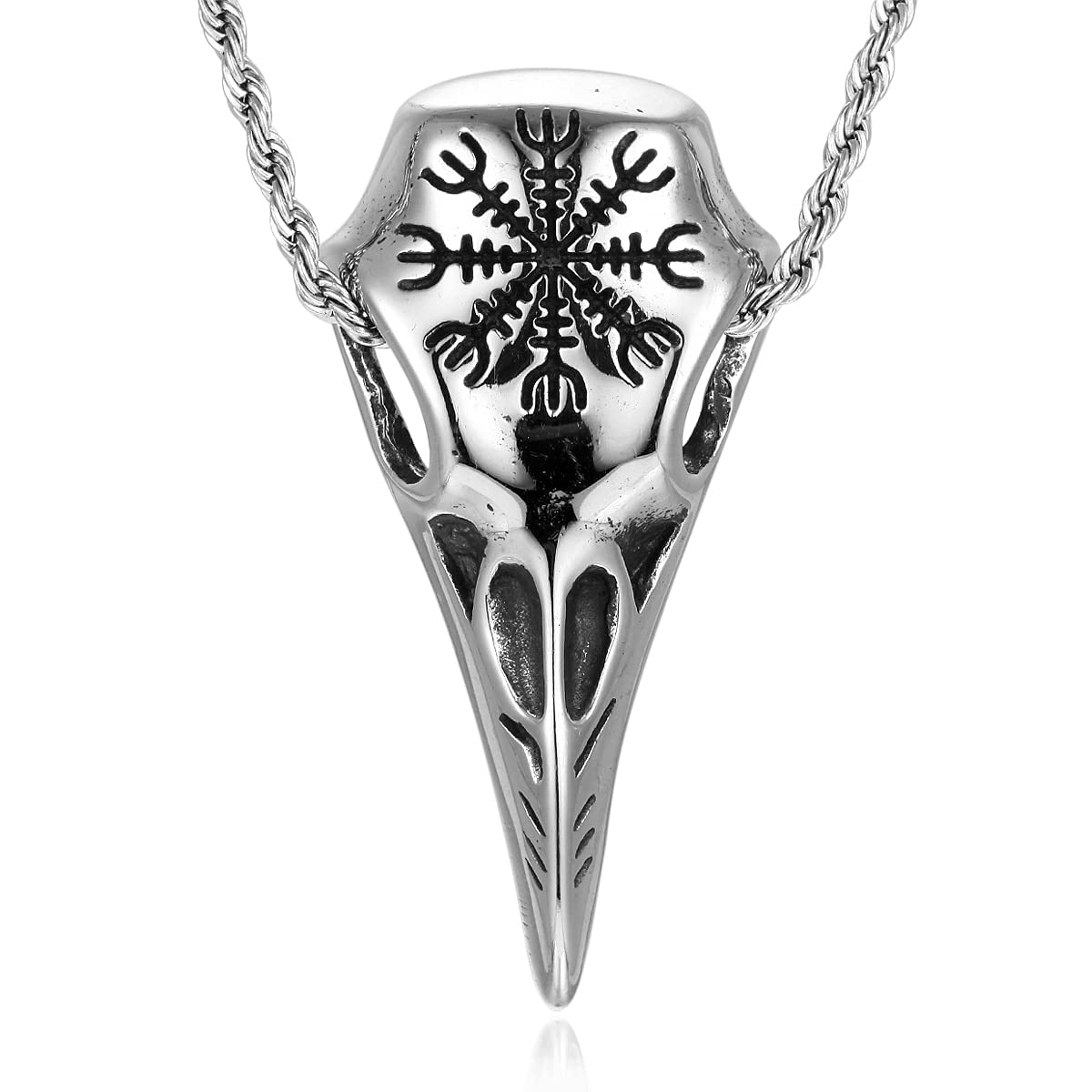 Men's Viking Pendant Necklace - Norse Raven Skull & Aegishjalmur Helm of Awe Stainless Steel Necklace for Men | Viking Jewelry, Gothic Fashion Accessory, Perfect for LARP, Cosplay and Medieval Reenactment