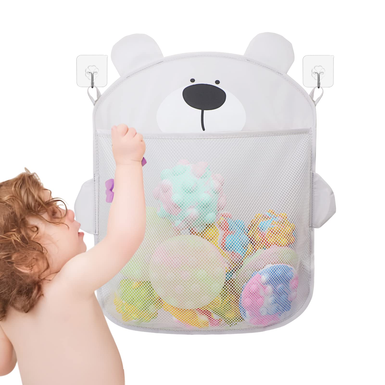 FYY Mesh Bath Toy Organizer - Hanging Baby Bath Toy Storage with 2 Adhesive Hooks for Bathtub Toys, Bath Accessories & More (Bear Design) - Perfect for Nursery, Kids' Bathroom & Baby Shower Gifts