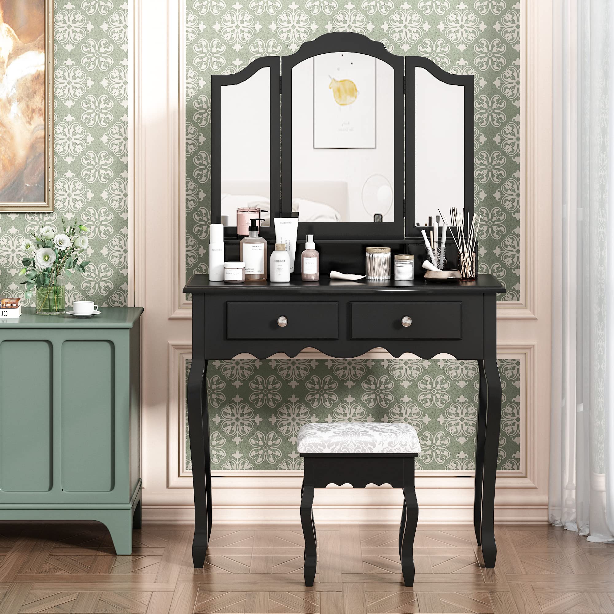 Wooden Makeup Vanity Table with Mirror, Stool & 4 Drawers - Elegant Dressing Table for Bedroom, Perfect for Makeup, Skincare & Jewelry Storage - Ideal for Home, Apartment & Beauty Salon Use