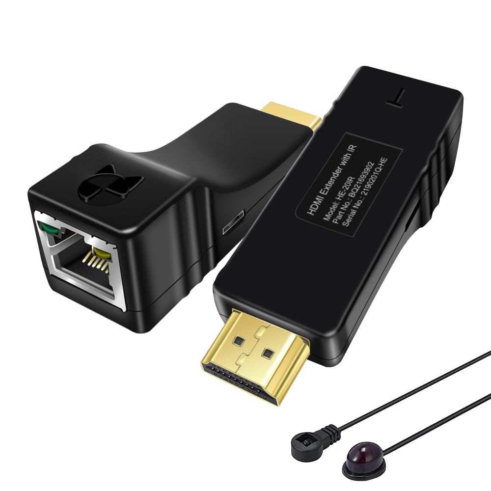 DDMALL Mini HDMI Extender 330ft/100m - 1080P@60Hz Full HD HDMI Over CAT5e/CAT6 Cable with IR Control, POC, EDID - HDMI Transmitter & Receiver (HE-20IR) for Home Theater, Conference Room & Gaming Setup