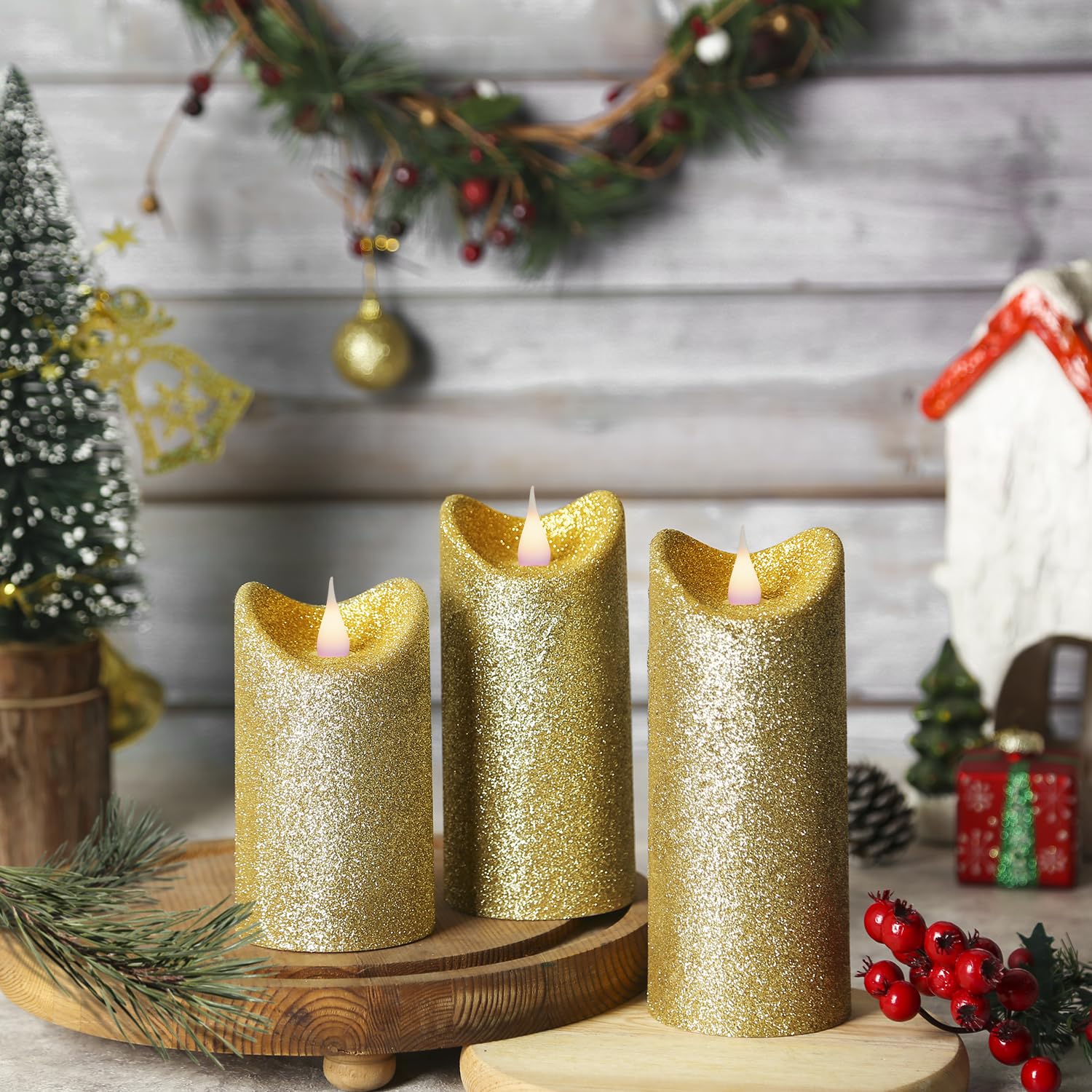 Set of 3 Gold Glitter Flameless LED Candles with Realistic Flame Effect - Battery Operated with Timer & Remote Control - Perfect for Home Decor, Weddings, Parties & Romantic Ambiance