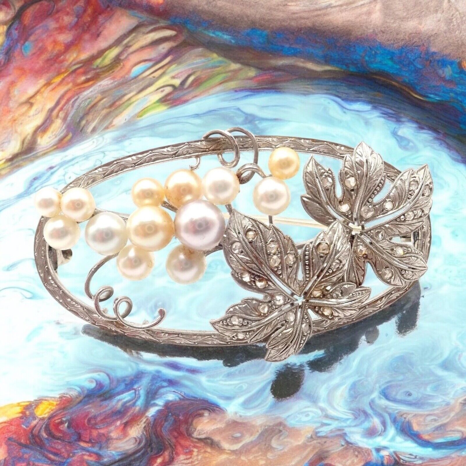 Authentic Mikimoto 14k White Gold Diamond Pearl Brooch Pin - Vintage Jewelry for Women, Elegant Gift for Brides, Anniversaries & Special Occasions