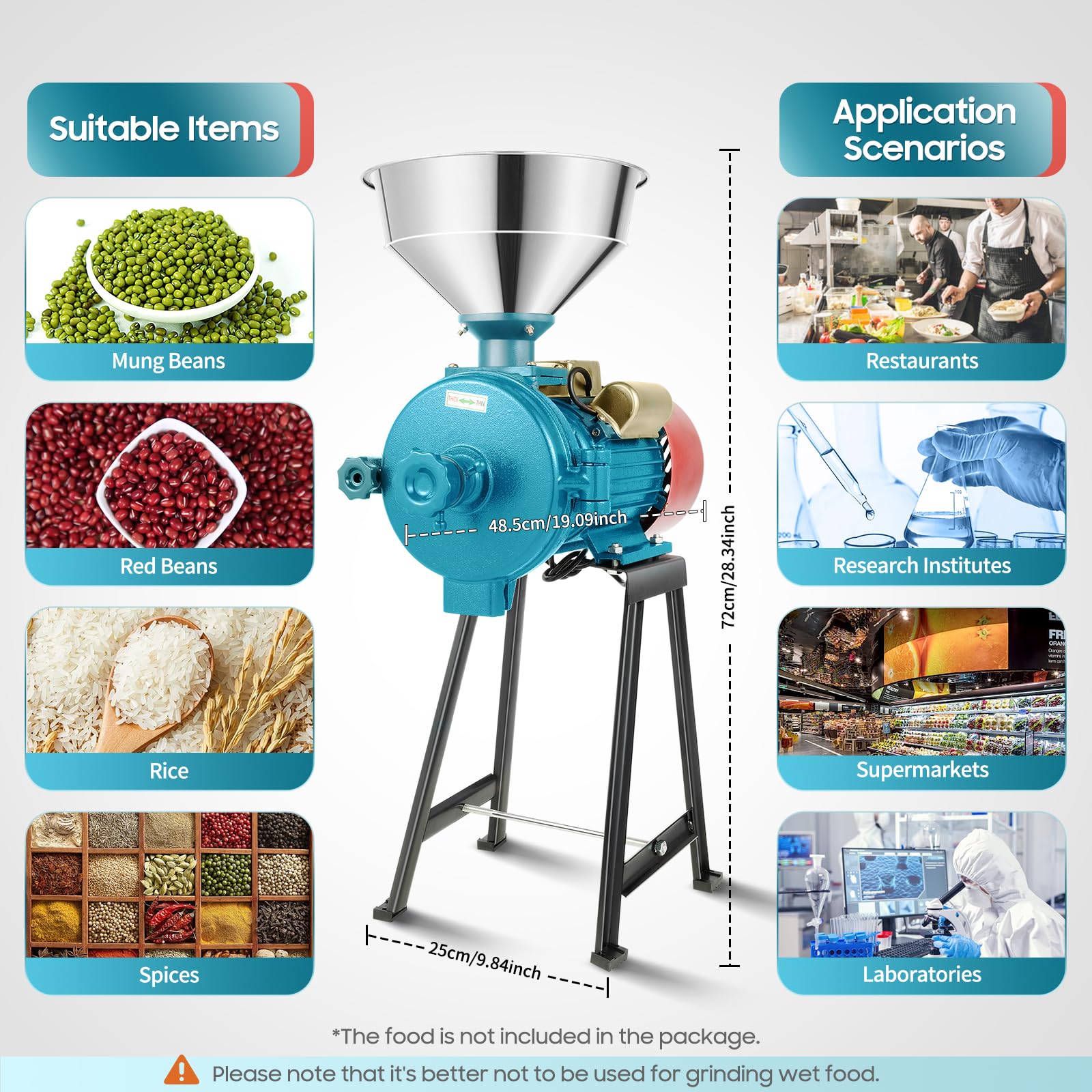 1500W Commercial Electric Grain Mill Grinder - Heavy Duty Corn, Wheat, Coffee & Cereals Grinding Machine with Funnel (110V, 1400r/min) - Perfect for Home, Bakery & Coffee Shop Use