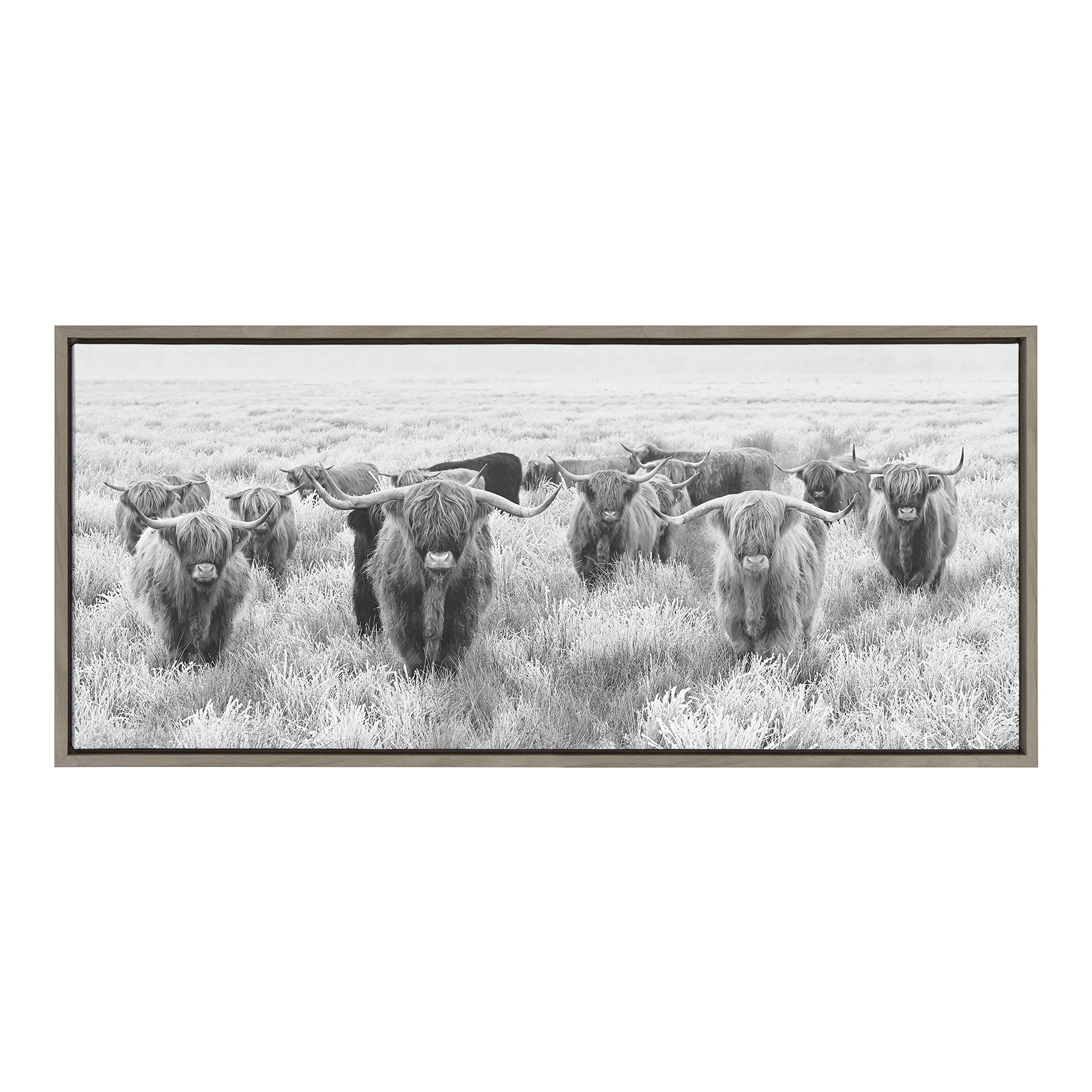 Kate & Laurel Sylvie Highland Cows Black & White Framed Canvas Wall Art - 18x40 Inch Farmhouse Animal Painting - Gray Modern Home Decor for Living Room, Bedroom & Office