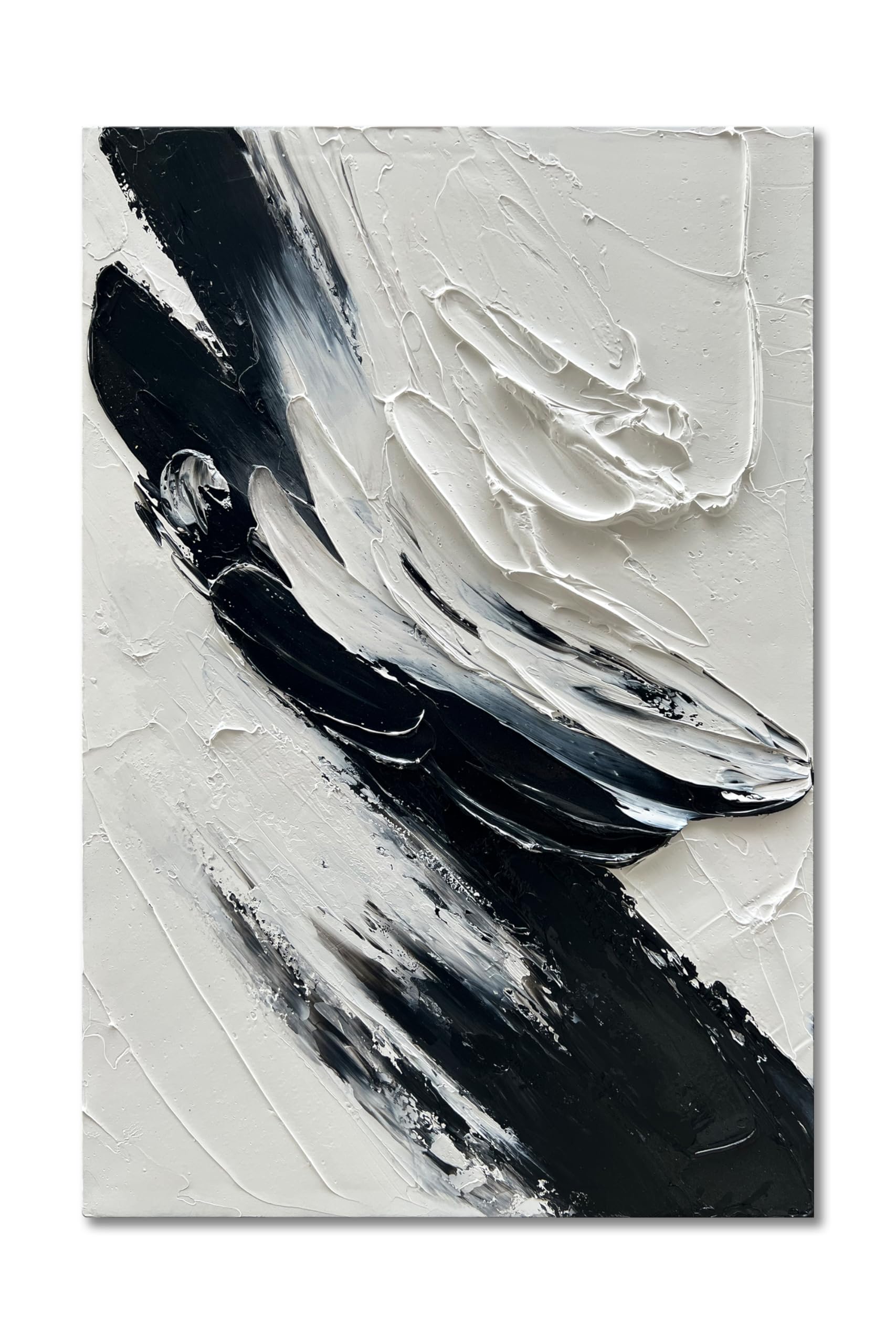Hand-Painted Black and White Abstract Oil Painting - 40x28 Inches Thick Texture Minimalist Wall Art for Modern Home & Office Decor | Perfect for Living Room, Bedroom or Gallery Display