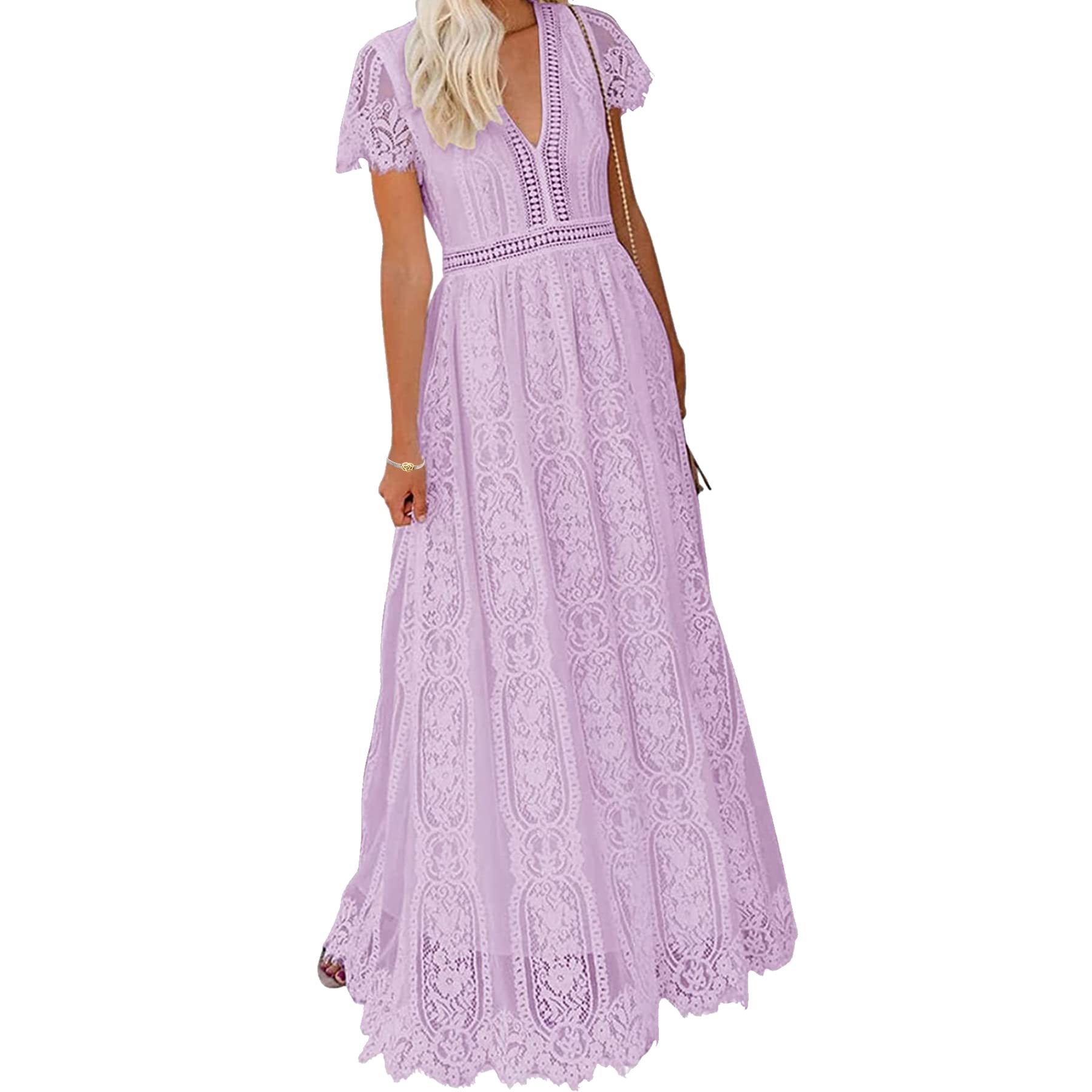 BIGSPCE Women's Sexy Floral Lace Maxi Dress - V-Neck Short Sleeve Bridesmaid Gown for Wedding, Cocktail Party & Formal Dinner | Elegant Evening Wear & Special Occasion Dress