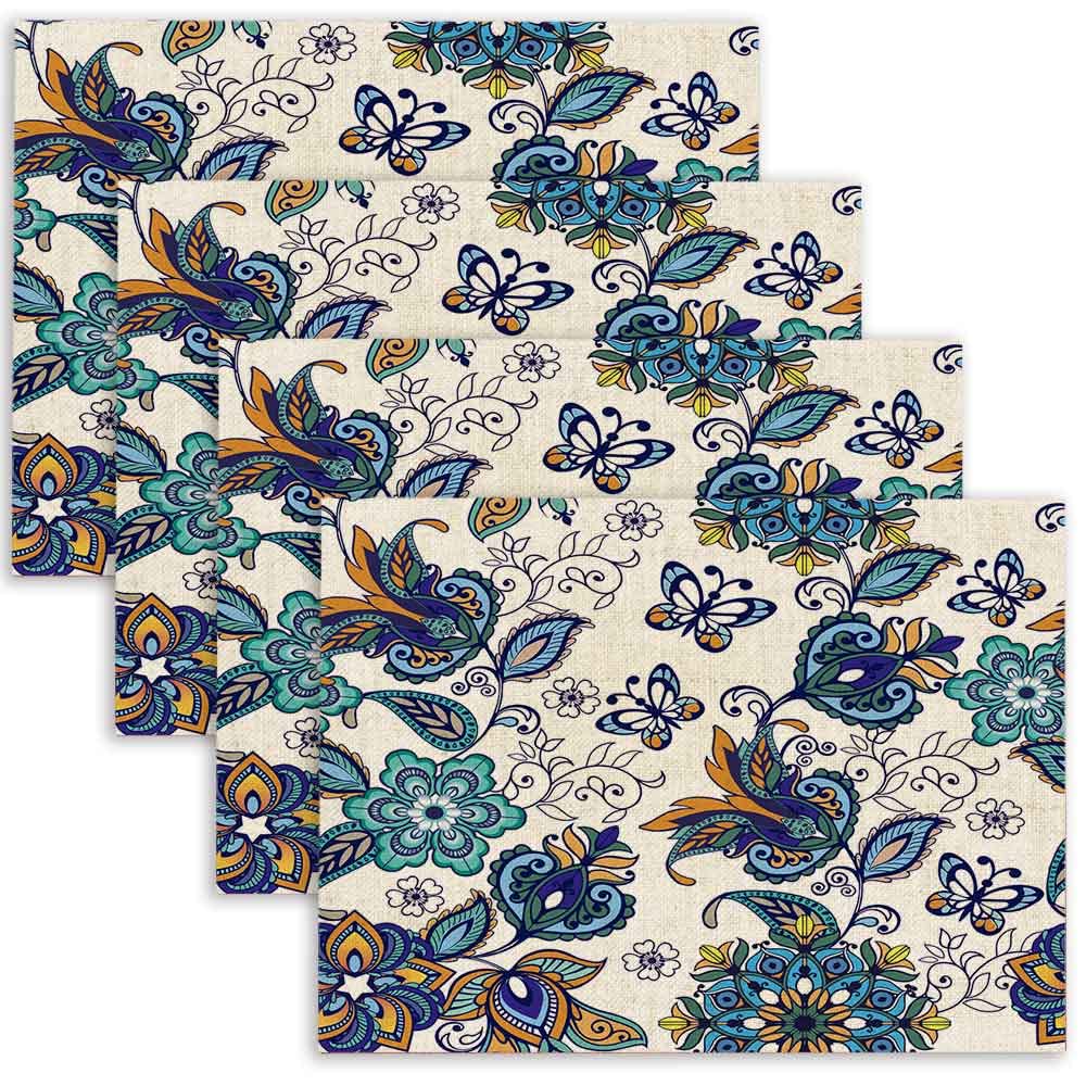 Luxury Floral Placemats Set of 4 - Premium Linen Rectangular Table Mats 18x12 Inch - Elegant Dining Room Decor for Kitchen, Dinner Party & Home Entertaining