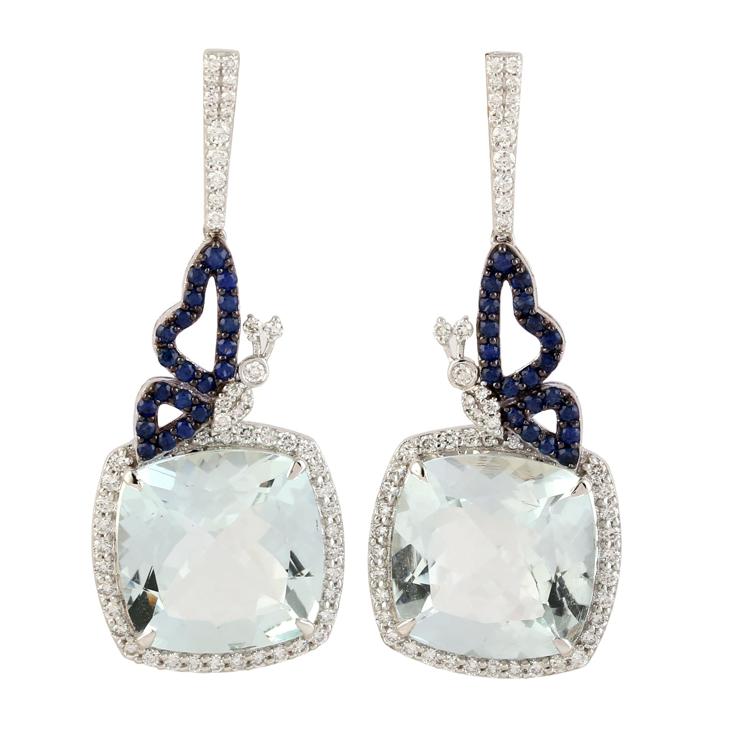 18K White Gold Cushion Aquamarine & Blue Sapphire Pave Diamond Butterfly Dangle Earrings | Elegant Jewelry for Weddings, Parties & Special Occasions