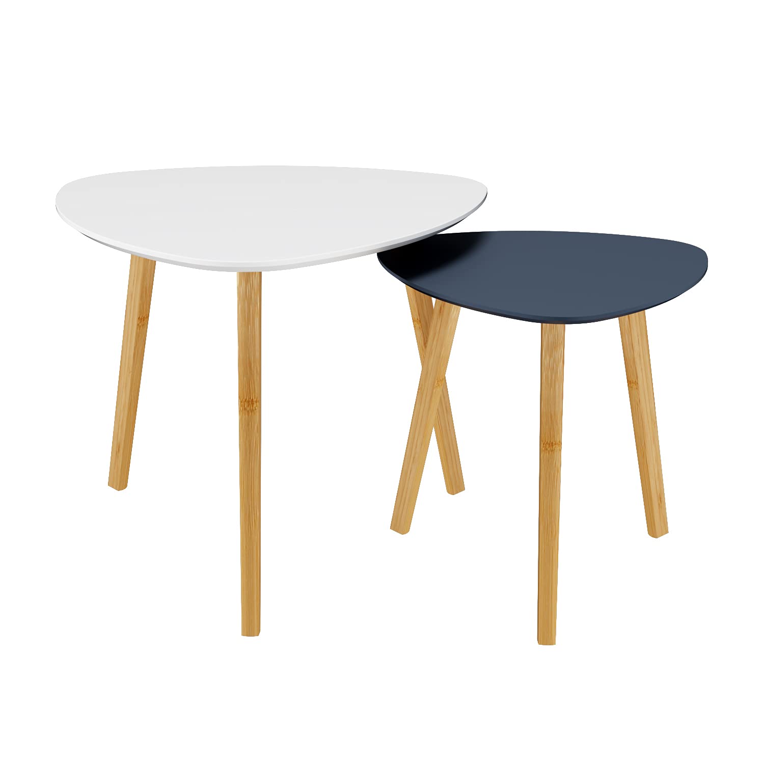 BAMEOS 2-Piece Bamboo Nesting Triangle End Tables - Modern Minimalist Coffee & Side Tables for Living Room, Balcony, Bedroom - White & Grey Home Decor Accent Furniture