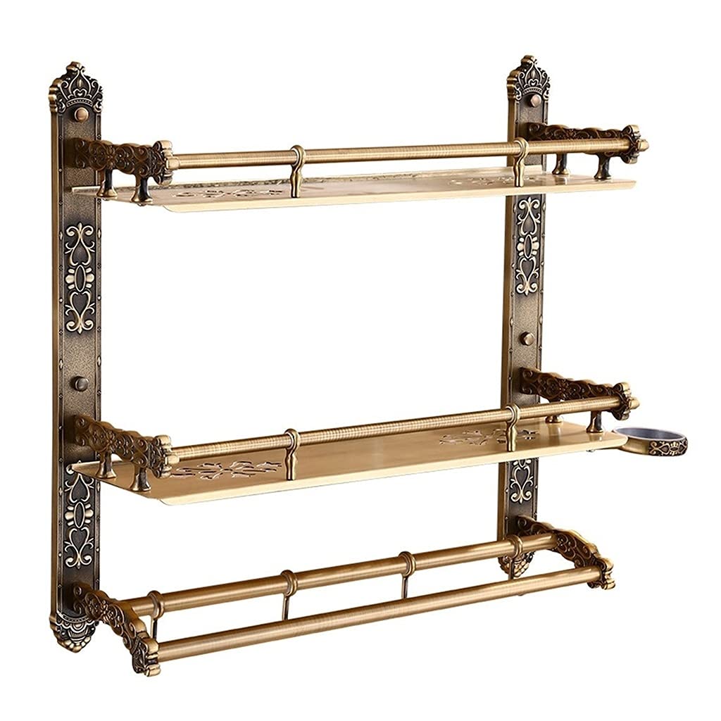 **Elegant Brass Wall-Mounted Bathroom Shelf - Double-Layer Towel Rack & Cosmetic Storage Organizer (50×50cm) - Space-Saving for Small Bathrooms, Powder Rooms & Vanity Areas**