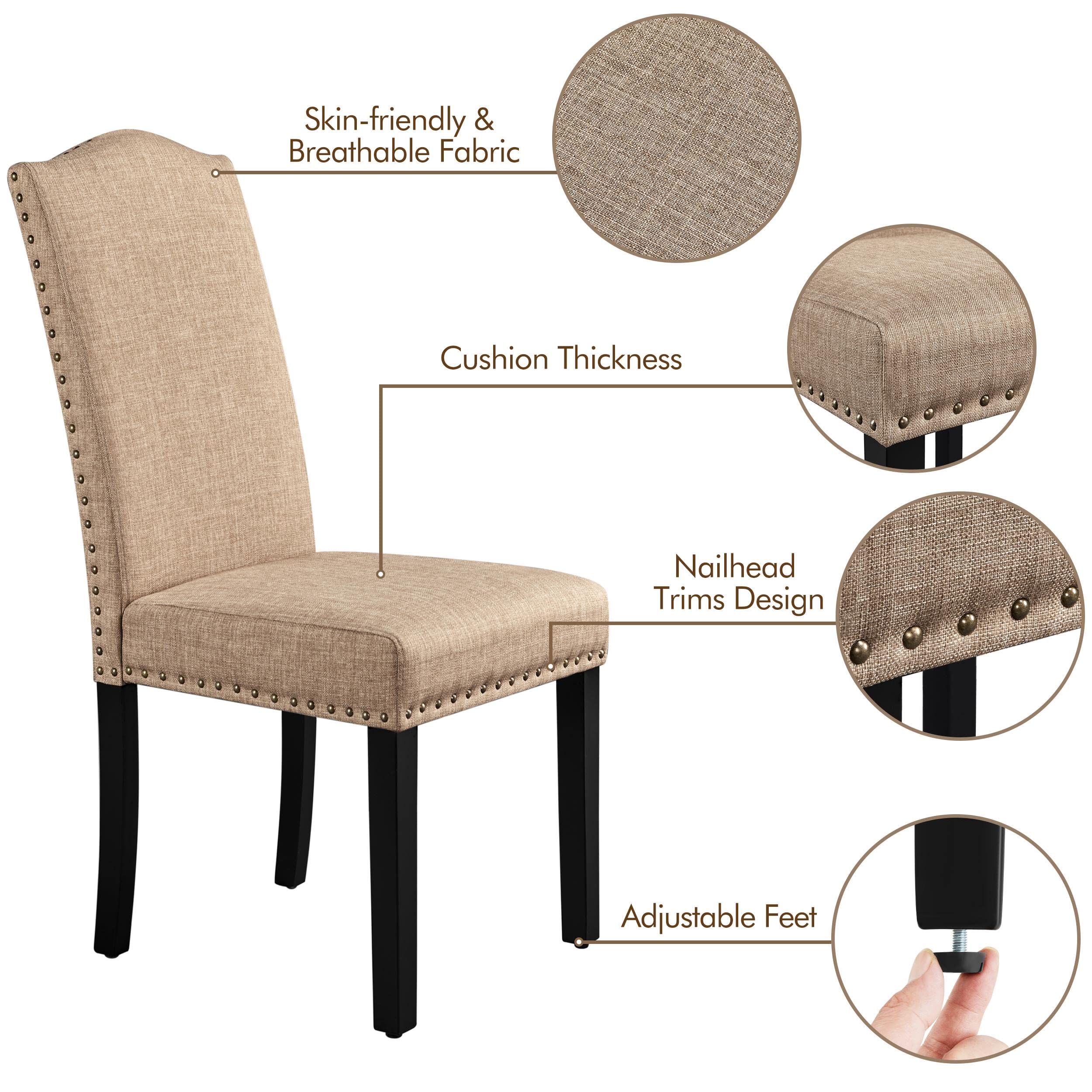Yaheetech Set of 4 Upholstered Parsons Dining Chairs - Fabric Kitchen & Living Room Side Chairs with Rubber Wood Legs & Nailhead Trim, Khaki - Perfect for Dining Room, Breakfast Nook, and Home Decor (2-Pack)