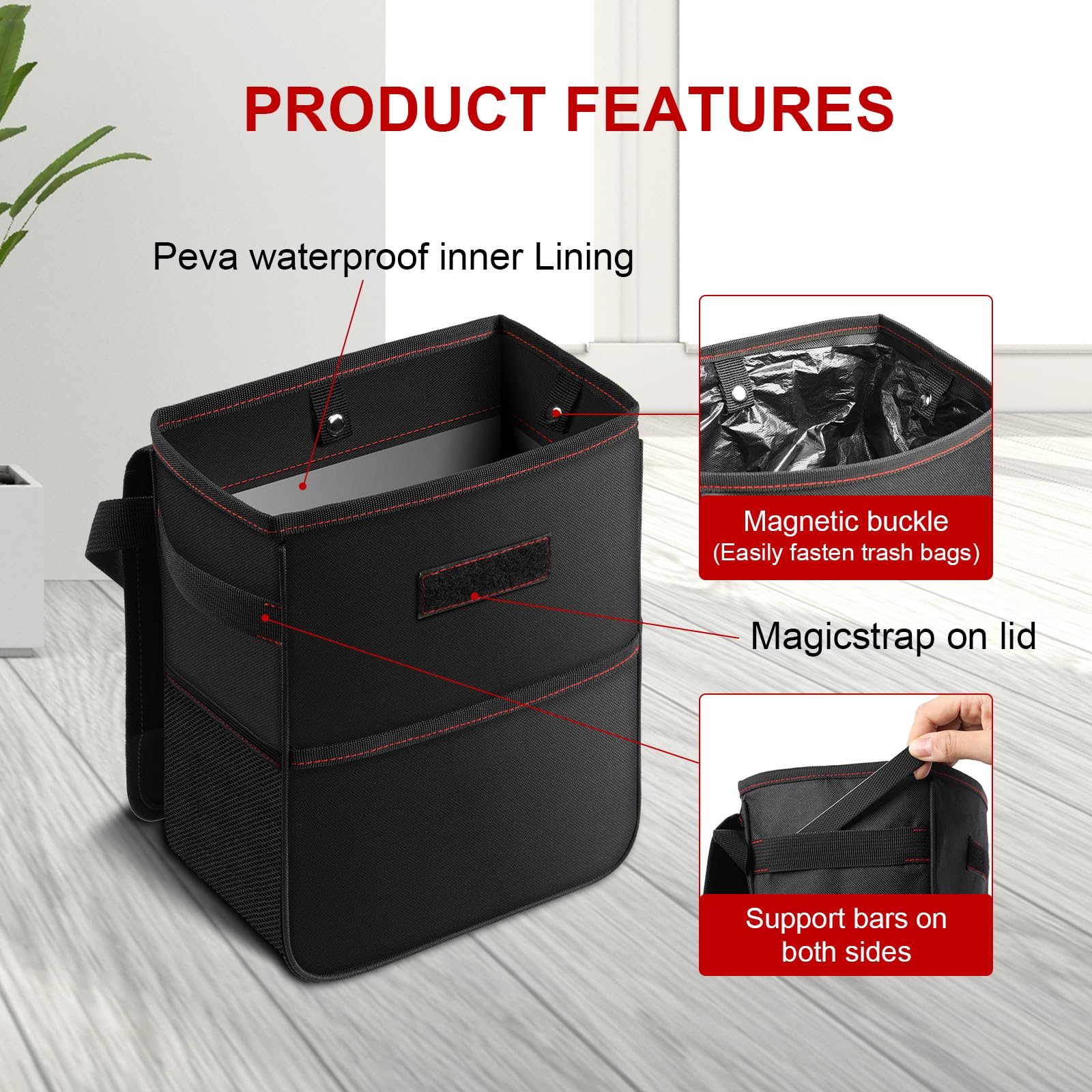 Simple Deluxe 2 Gallon Car Trash Can with Lid - Leak-Proof, Waterproof & Collapsible Car Garbage Bin with Storage Pockets & Adjustable Straps - Portable Vehicle Trash Bag for Road Trips, Camping & Daily Commute - Black