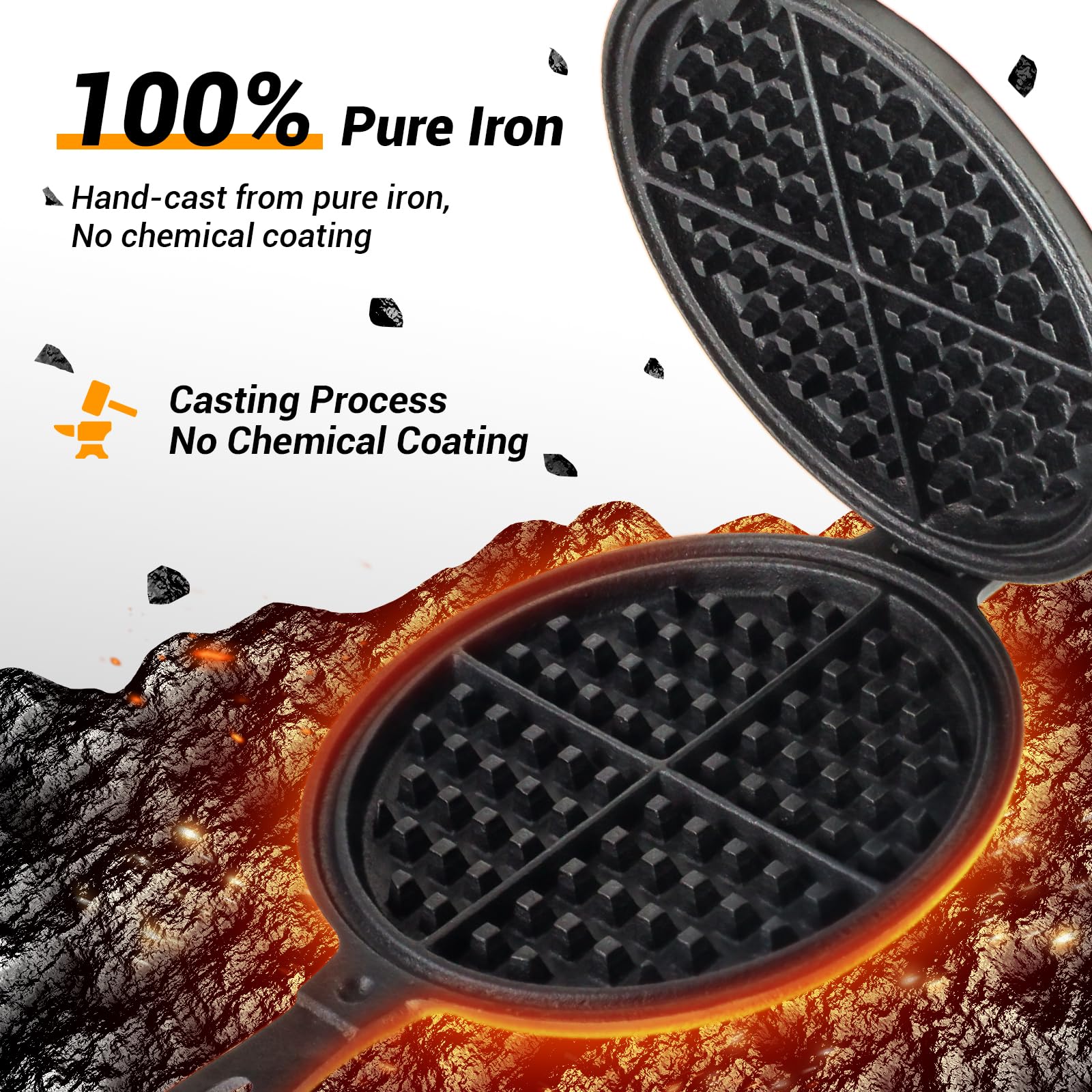 Premium 8-Inch Cast Iron Stovetop Waffle Maker - Heavy Duty, Fast Heating, Uncoated Surface - Rustic Round Belgian Waffle Iron for Camping, Home Kitchen & Outdoor Cooking