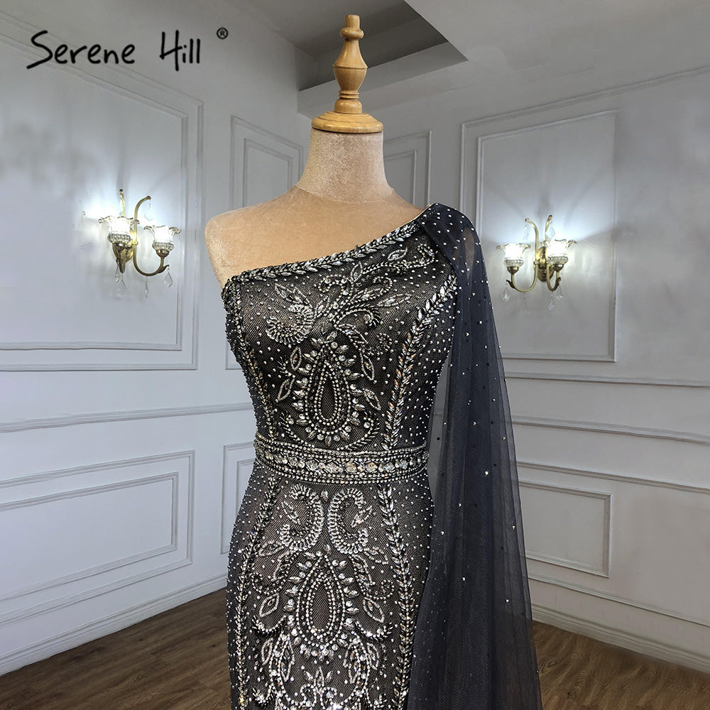 Elegant Grey Mermaid Evening Gown with Cape Sleeves & Beaded Details - One Shoulder Formal Dress for Women - Perfect for Prom, Gala & Black Tie Events - LA71270
