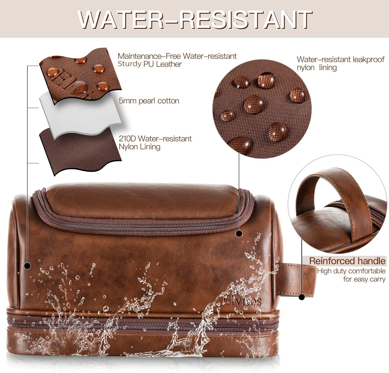 Elviros Leather Toiletry Bag for Men & Women - Large Water-Resistant Travel Organizer with Hanging Hook - Perfect for Bathroom, Shaving, Gym & Business Trips (Dark Brown)